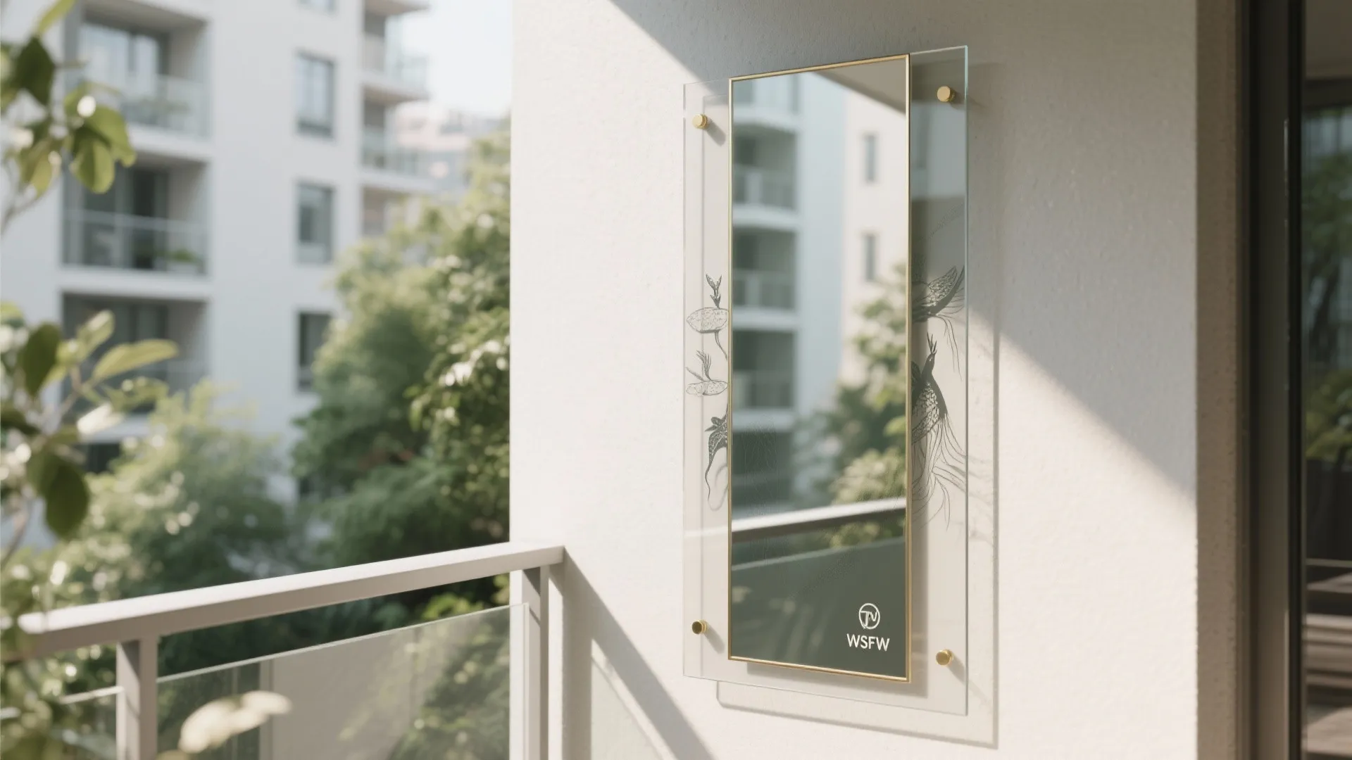 Modern rectangular wall mirror with gold frame and glass panel on a bright balcony wall