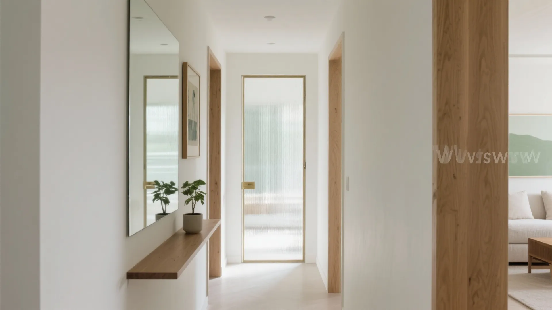 White modern hallway featuring a large wall mirror wooden shelf green plant and glass door