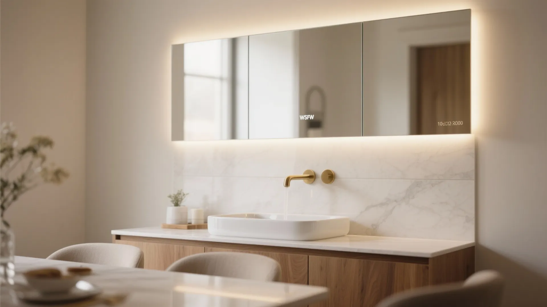 2) Mirror and Glass Splashback for Light + Hygiene