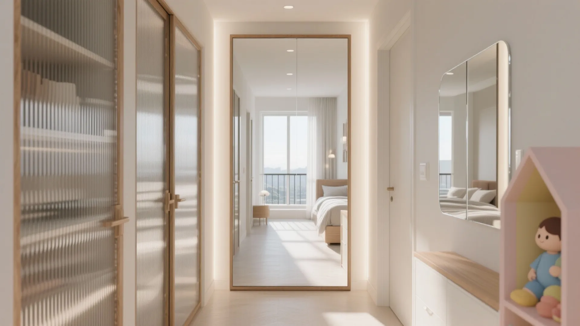 Mirror and glass accents to bounce light