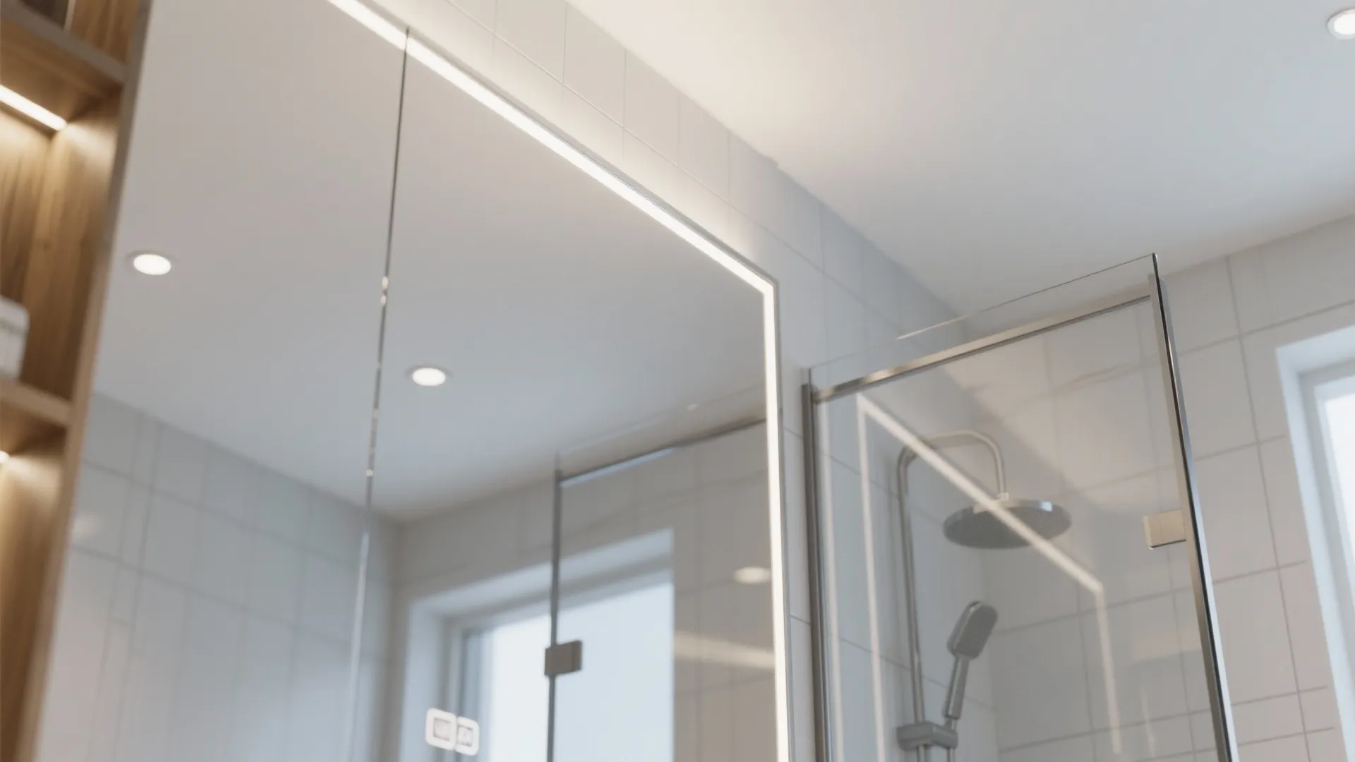Close up of bathroom mirror with built in light reflecting shower head and glass door