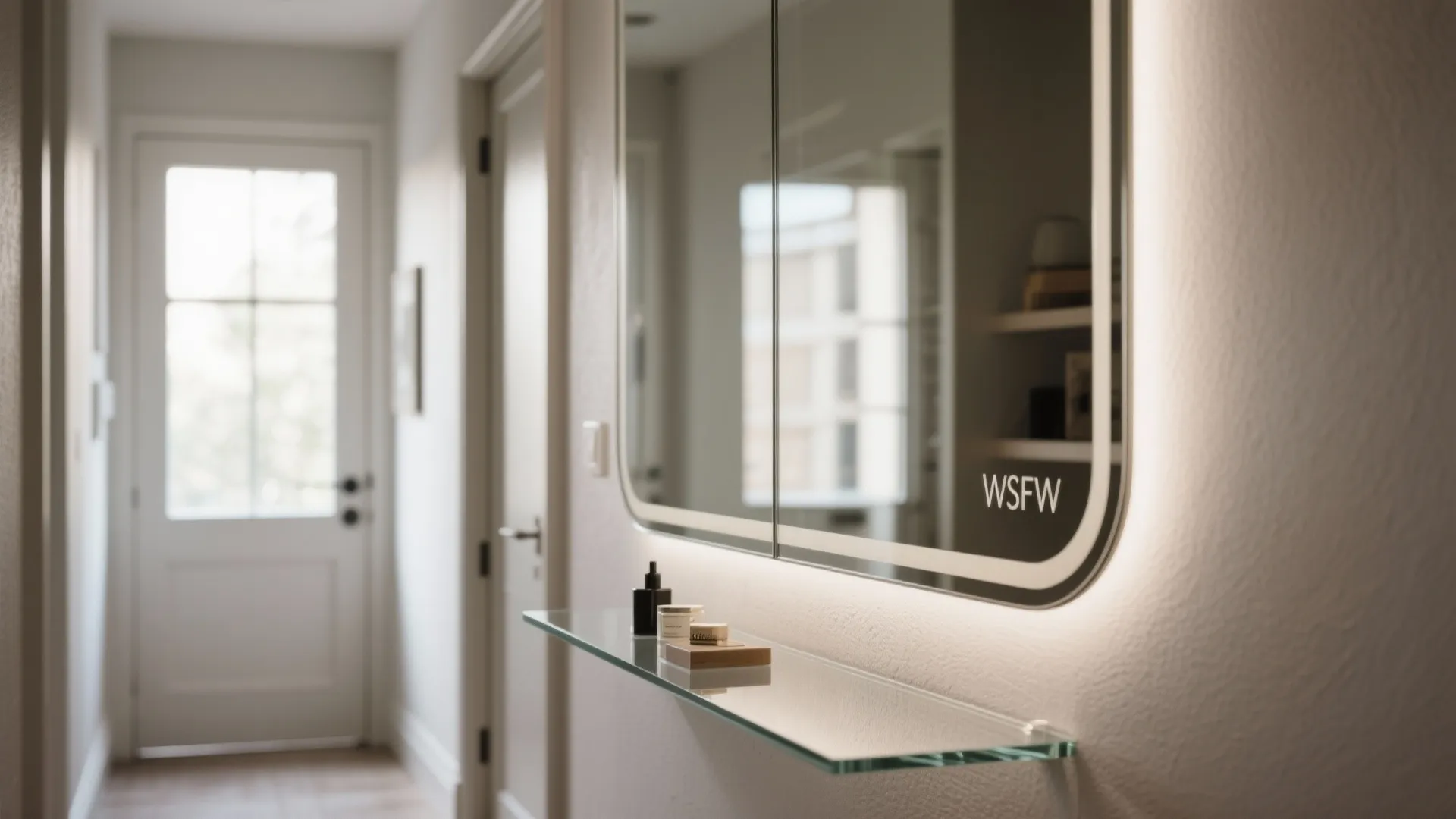 Modern bathroom mirror with backlighting above a glass shelf in a bright white hallway interior