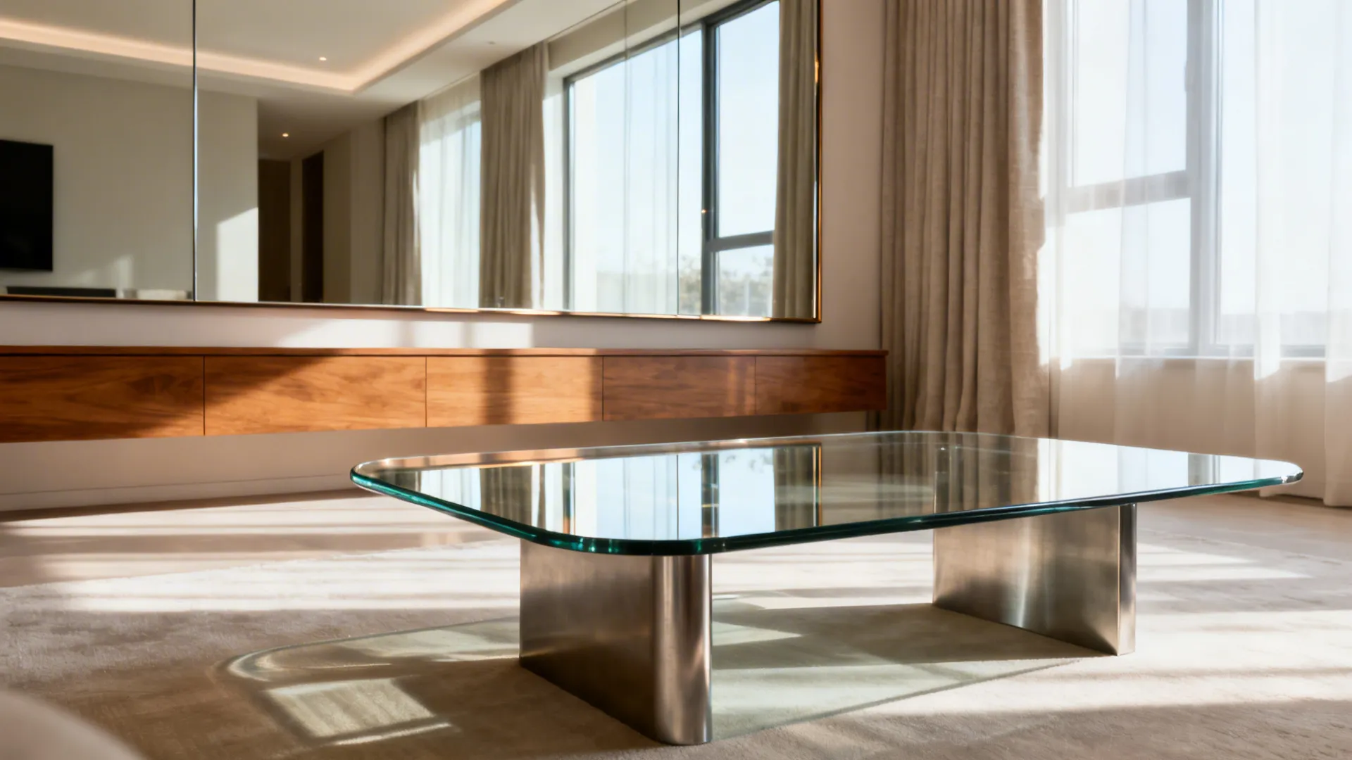 Macro detail of a thin-framed mirror opposite a window and a tempered glass coffee table reflecting soft daylight.