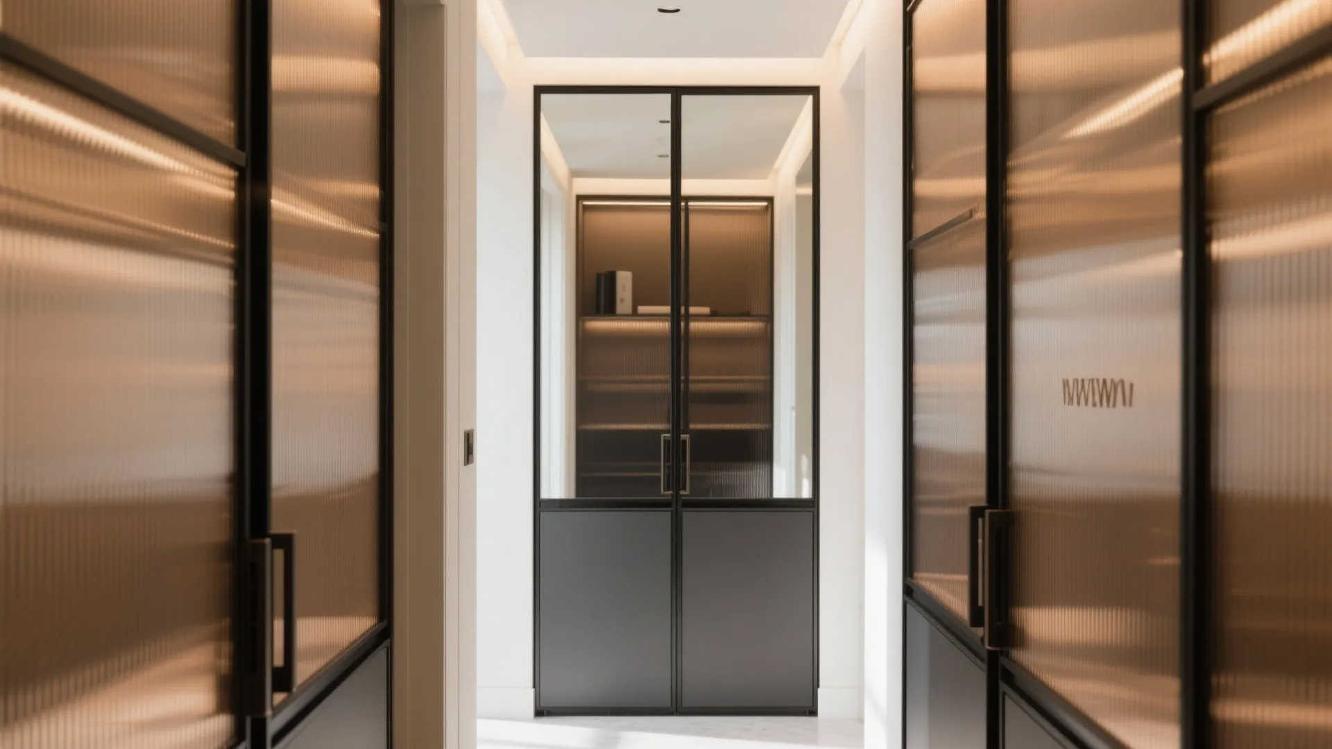 Mirror and glass fronts that widen the corridor