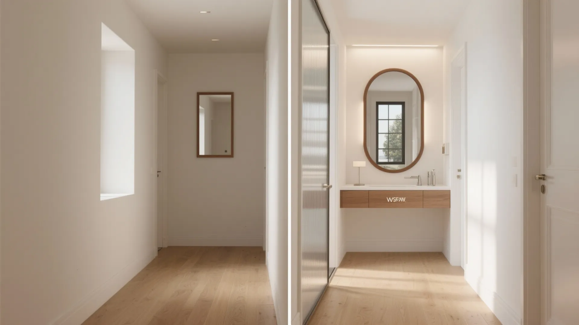 Interior hallway design with wood floors and modern bathroom vanity featuring oval mirror and cabinet