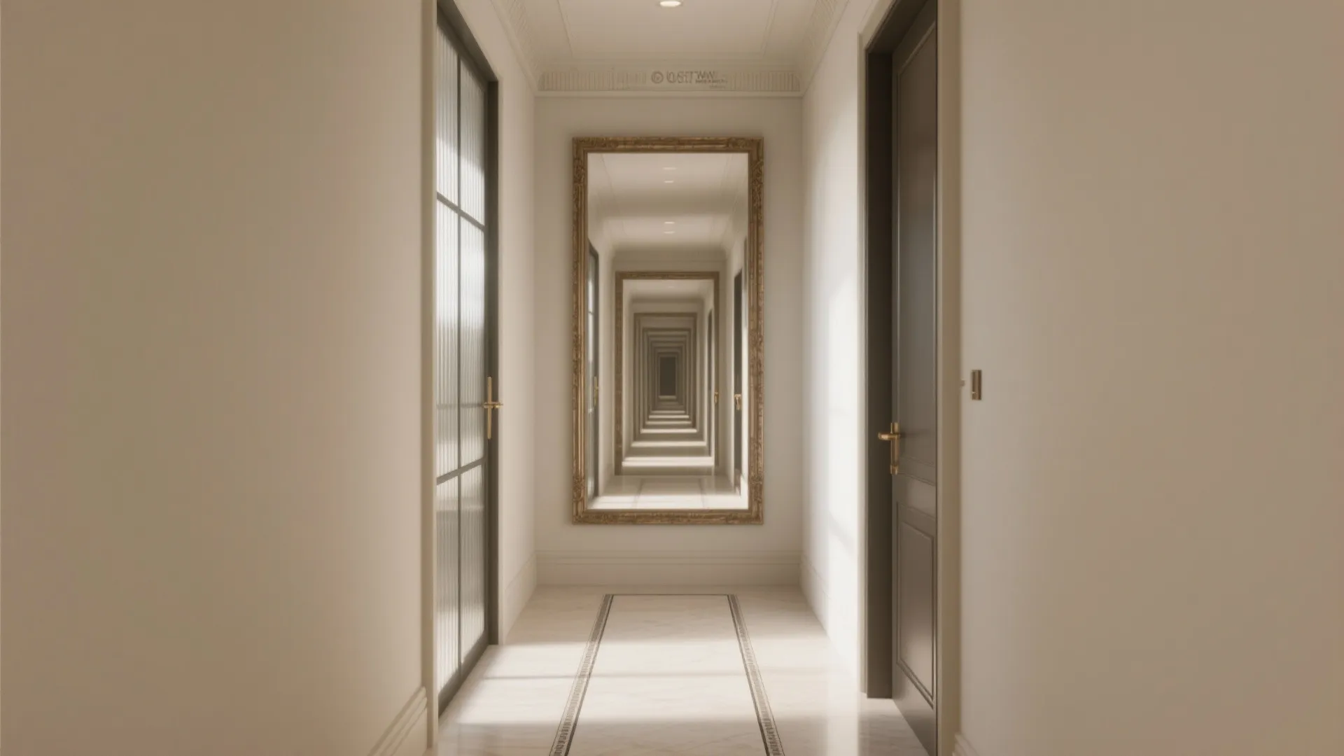 Narrow white hallway with large gold frame mirror reflecting long path and dark wood doors
