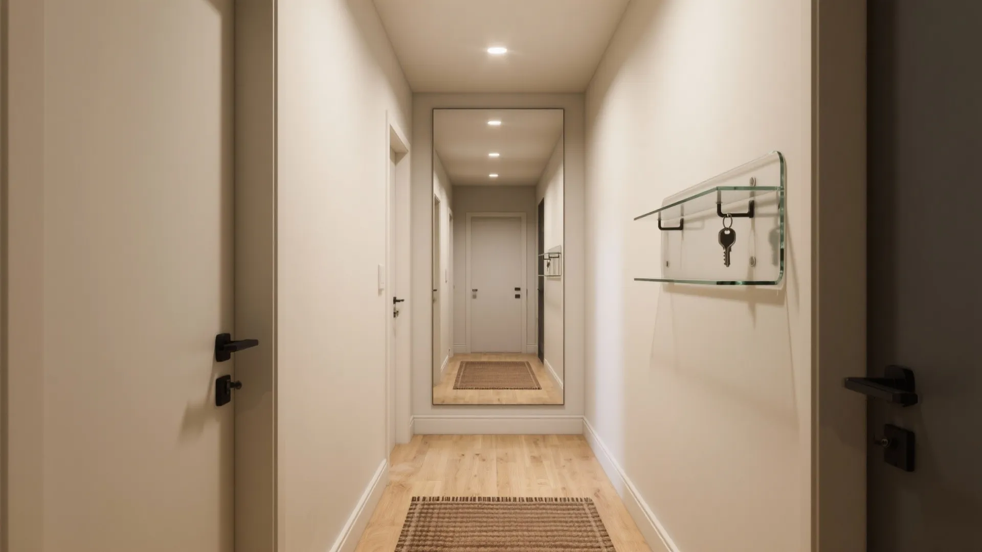 Modern white hallway with a full length mirror glass shelf key holder and wood floor