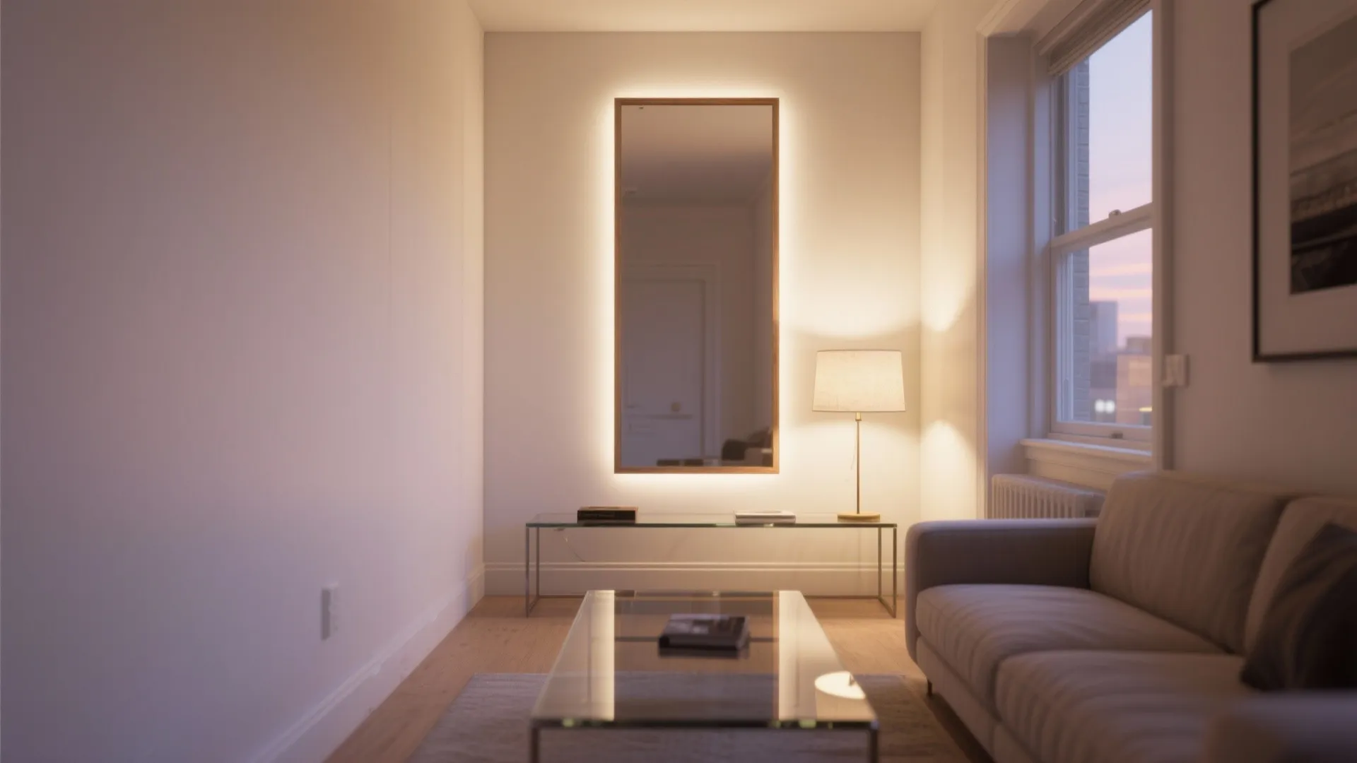 Small living room with tall mirror and glass table reflecting soft window light.