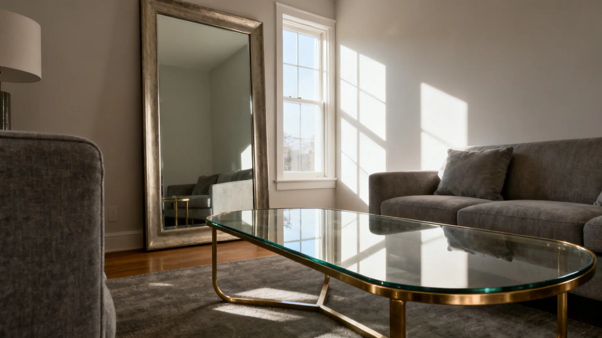 Tiny living room with a mirror opposite a window and a rounded glass coffee table in warm gray tones.