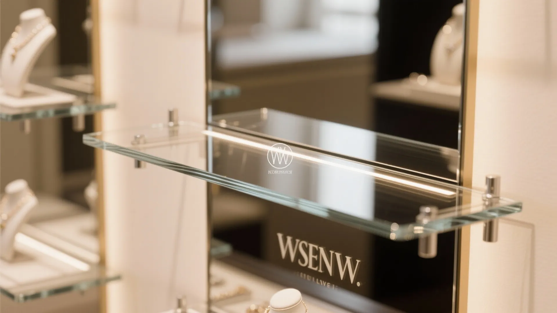Close up of glass wall shelf in jewelry store with reflected light and brand logo display