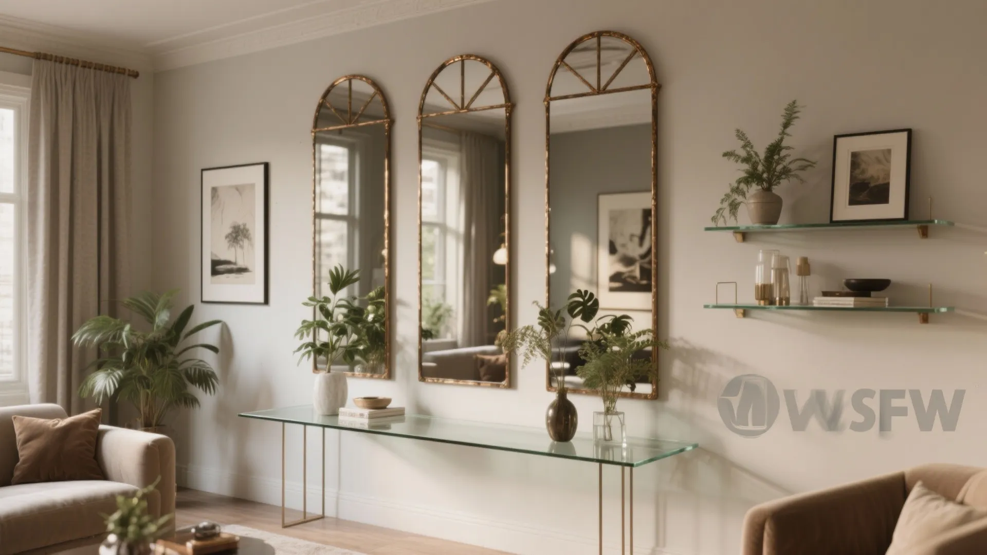 Modern living room with three arched mirrors on wall above a long glass console table