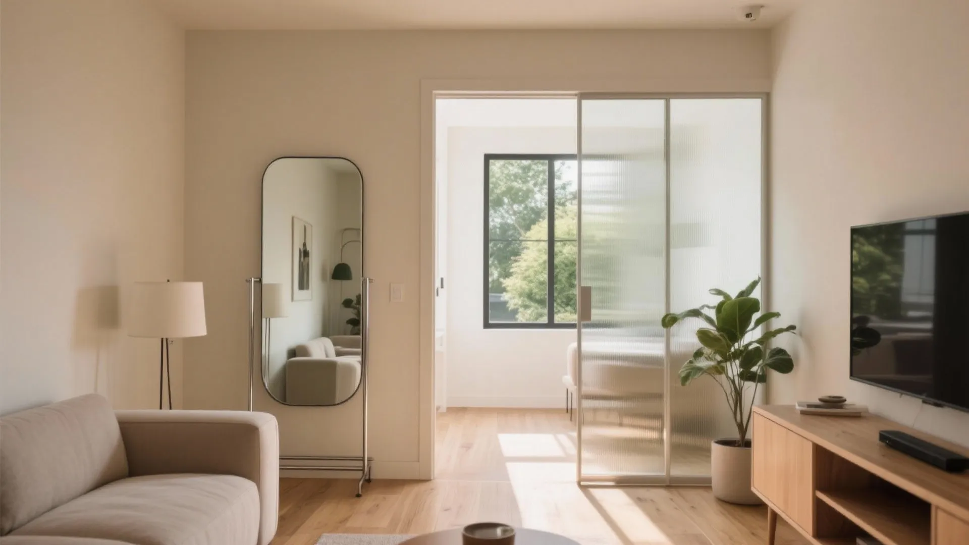 Minimalist living room with a full length mirror wooden cabinet television and frosted glass door