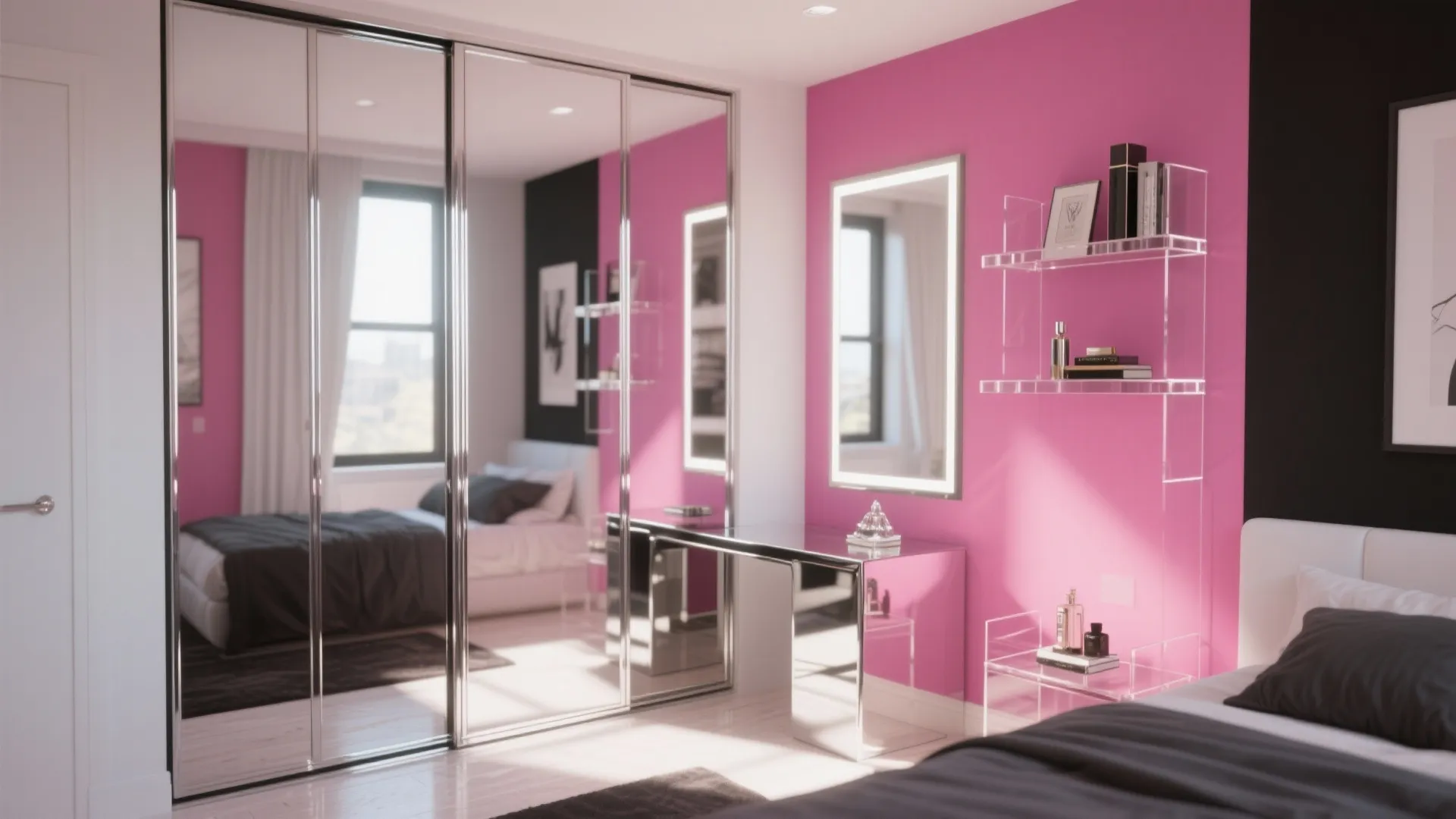 Mirrored wardrobe and chrome-framed floor mirror brighten a small glam bedroom corner.