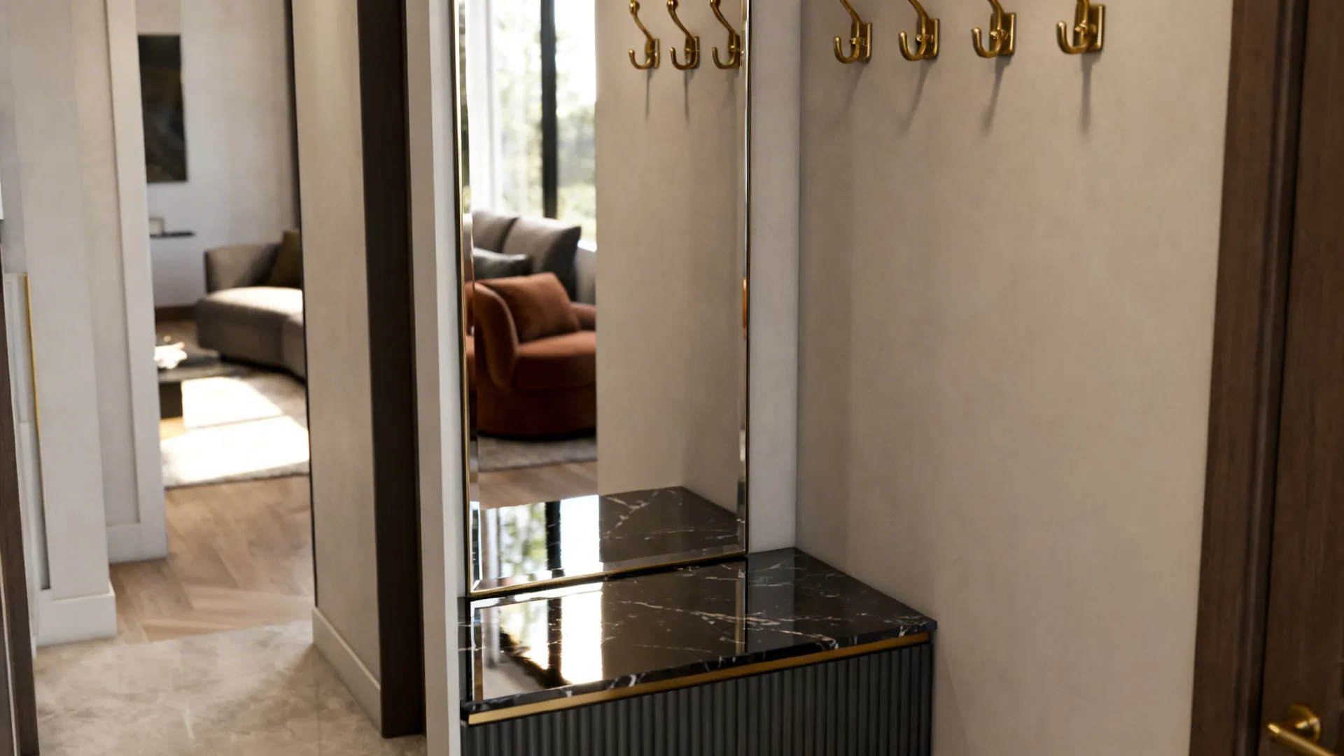 Entryway with tall mirror black marble cabinet gold wall hooks and a blurred living room view