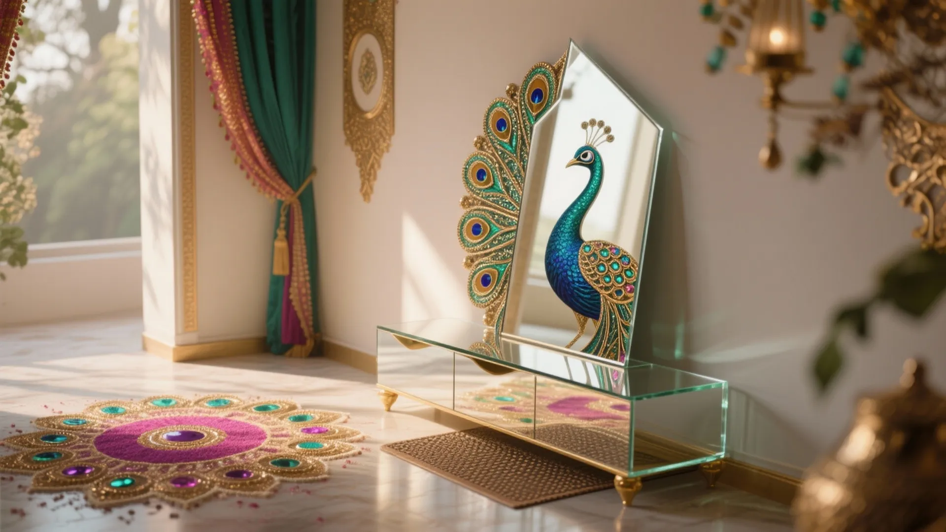 Mirror-backed glow near the wall