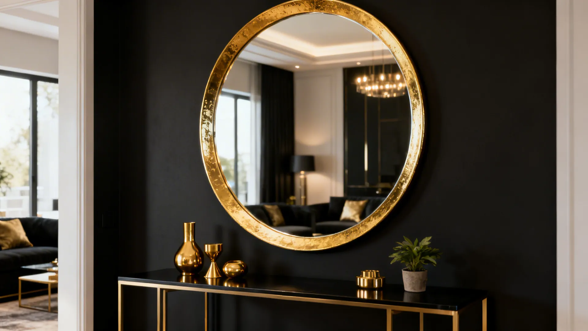 Console table with a large round gold-framed mirror reflecting a black-and-gold living room.