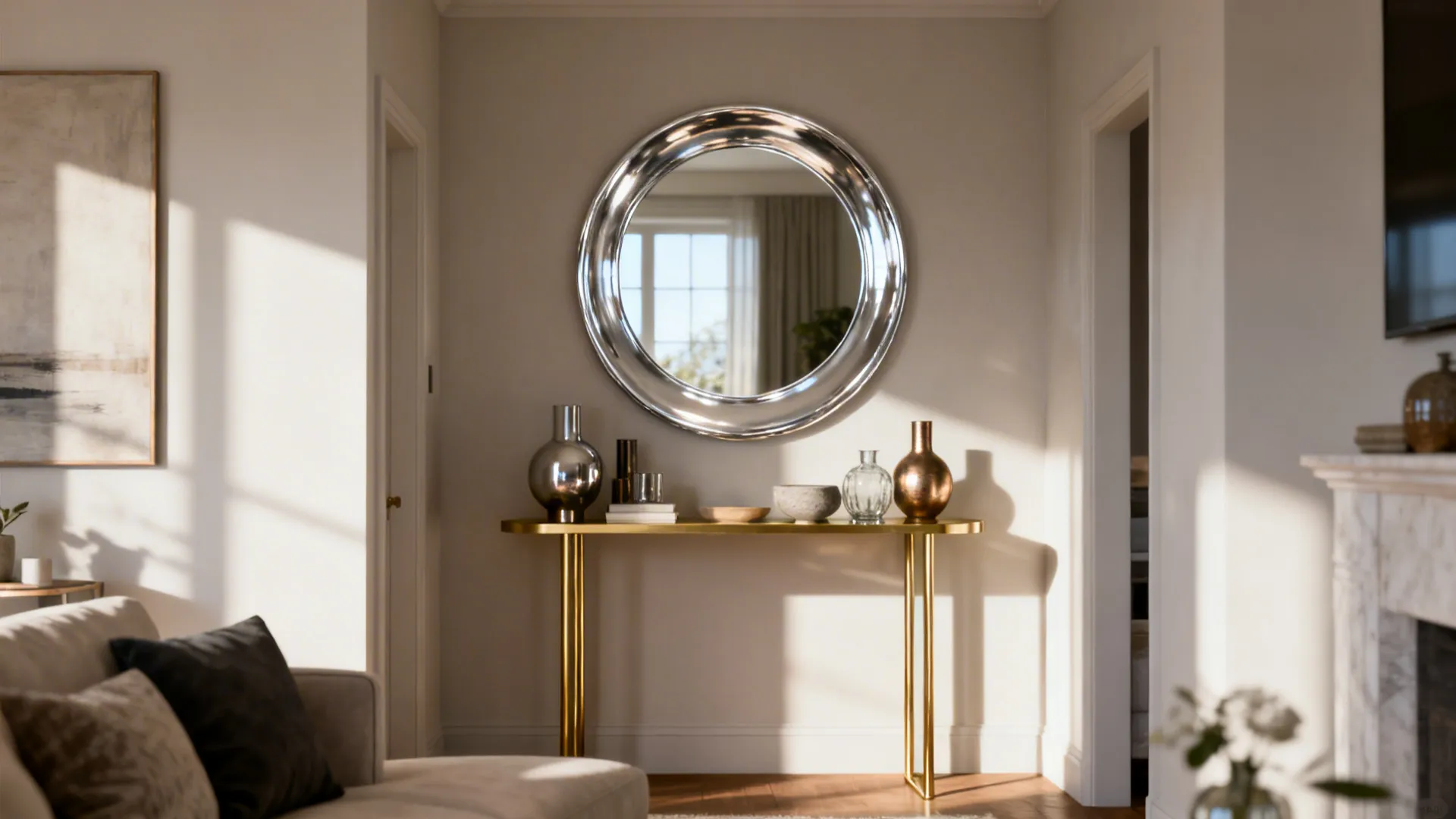 Round silver mirror hanging above a gold thin table with various vases and natural light