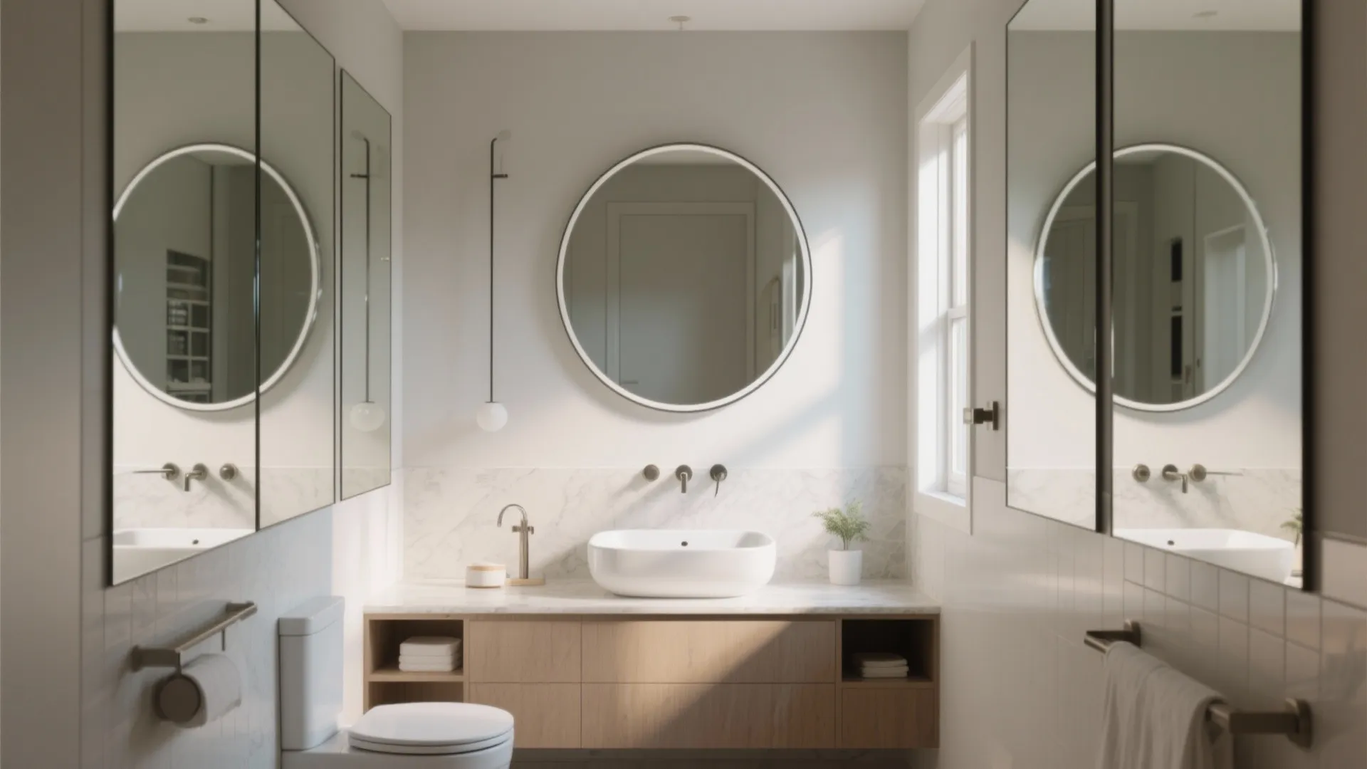 Modern bathroom with round mirror white sink wooden cabinet toilet and marble wall design with window