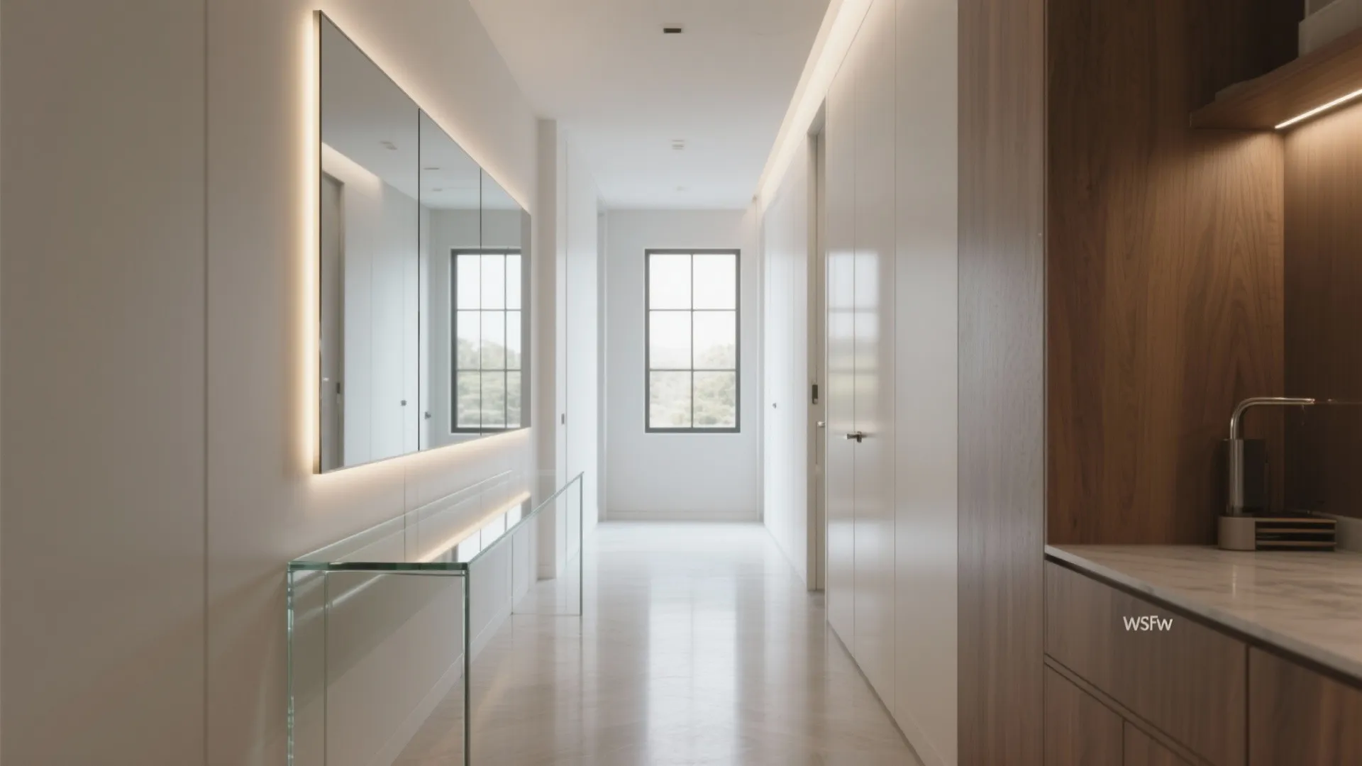 Bright hallway with large wall mirror glass table white doors wooden cabinet and a single window