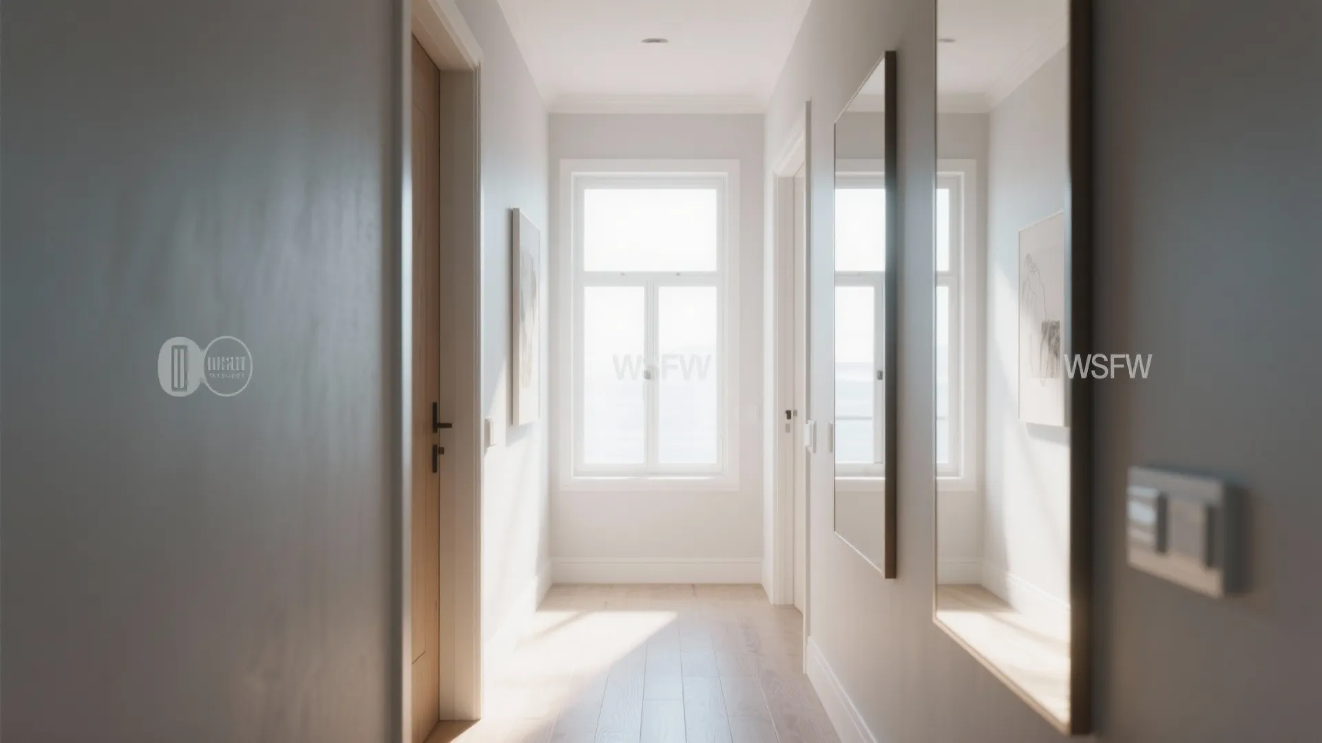 Bright hallway with large mirrors opposite a window