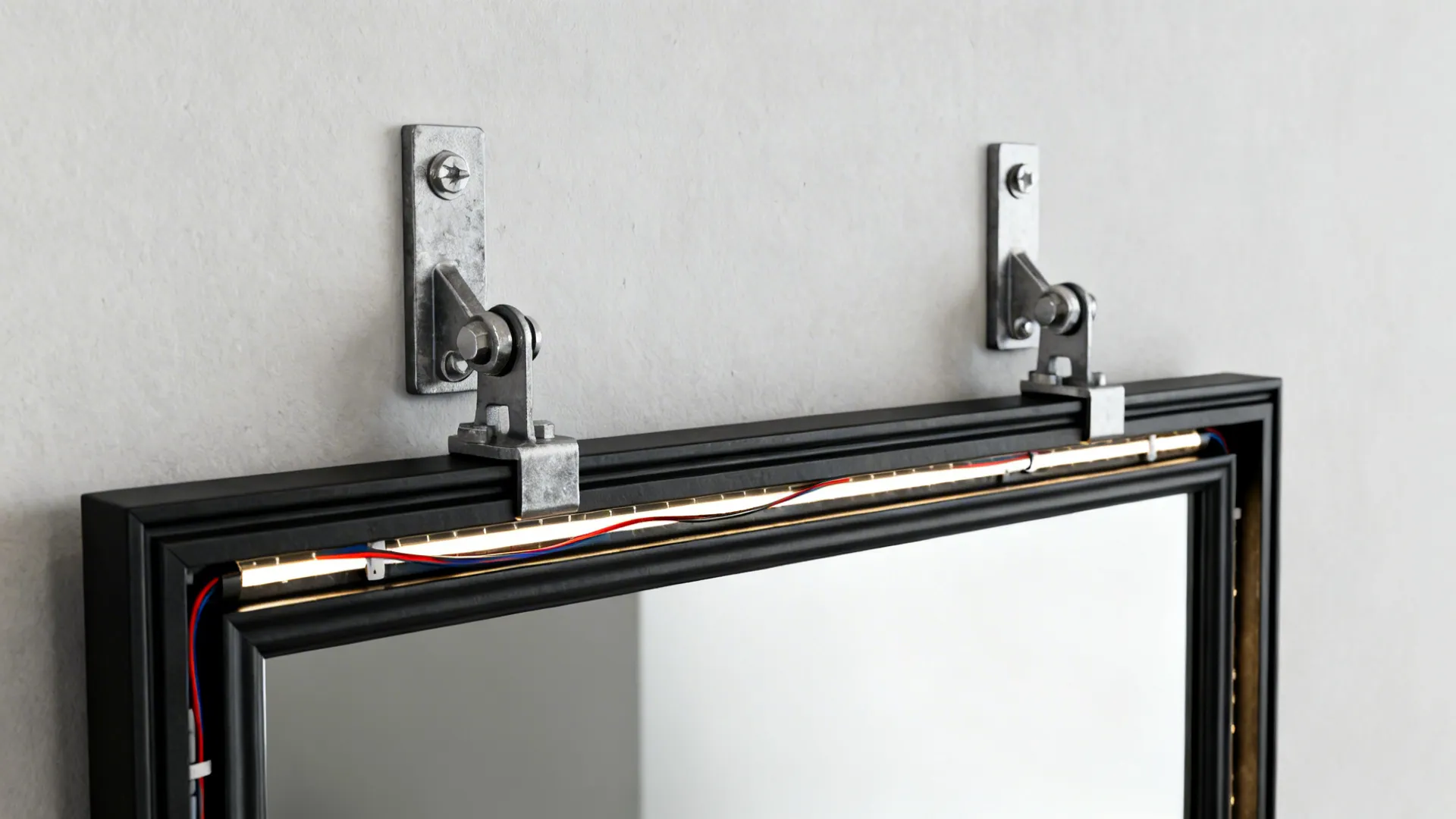 Close-up of mirror cleat and stud reinforcement with wiring channel for backlighting, showing safe installation