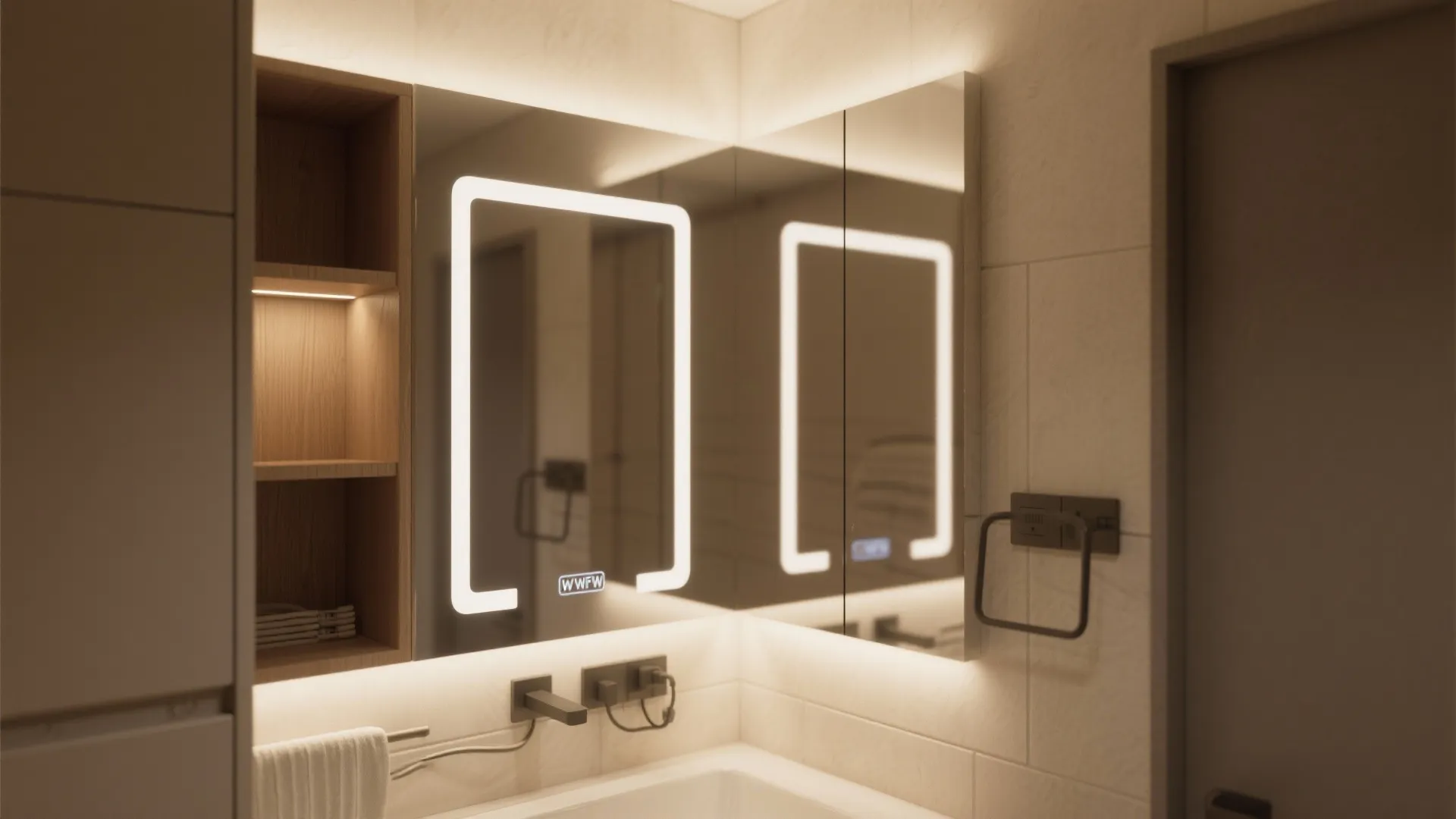 Modern bathroom with a glowing led mirror cabinet next to wooden shelves and white walls
