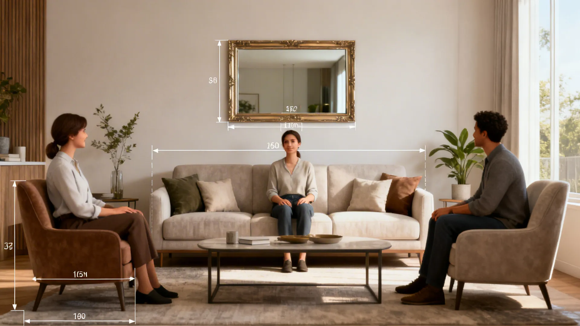 Living room showing a mirror hung at seated eye level above a sofa with subtle measuring guides for placement.