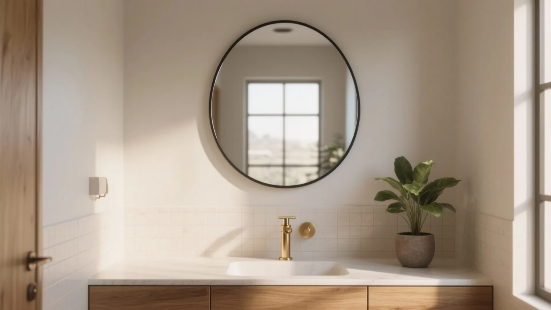 Modern bathroom with round mirror on white wall above wooden cabinet with gold water faucet