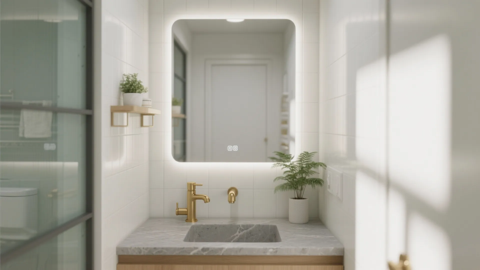 Modern bathroom with glowing square mirror gold water tap marble sink and white tiled wall