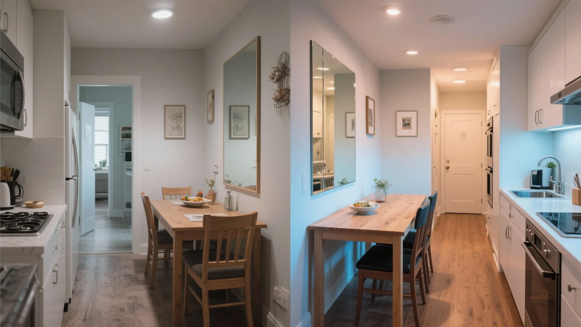 Before and after showing mirror making kitchen dining area feel larger