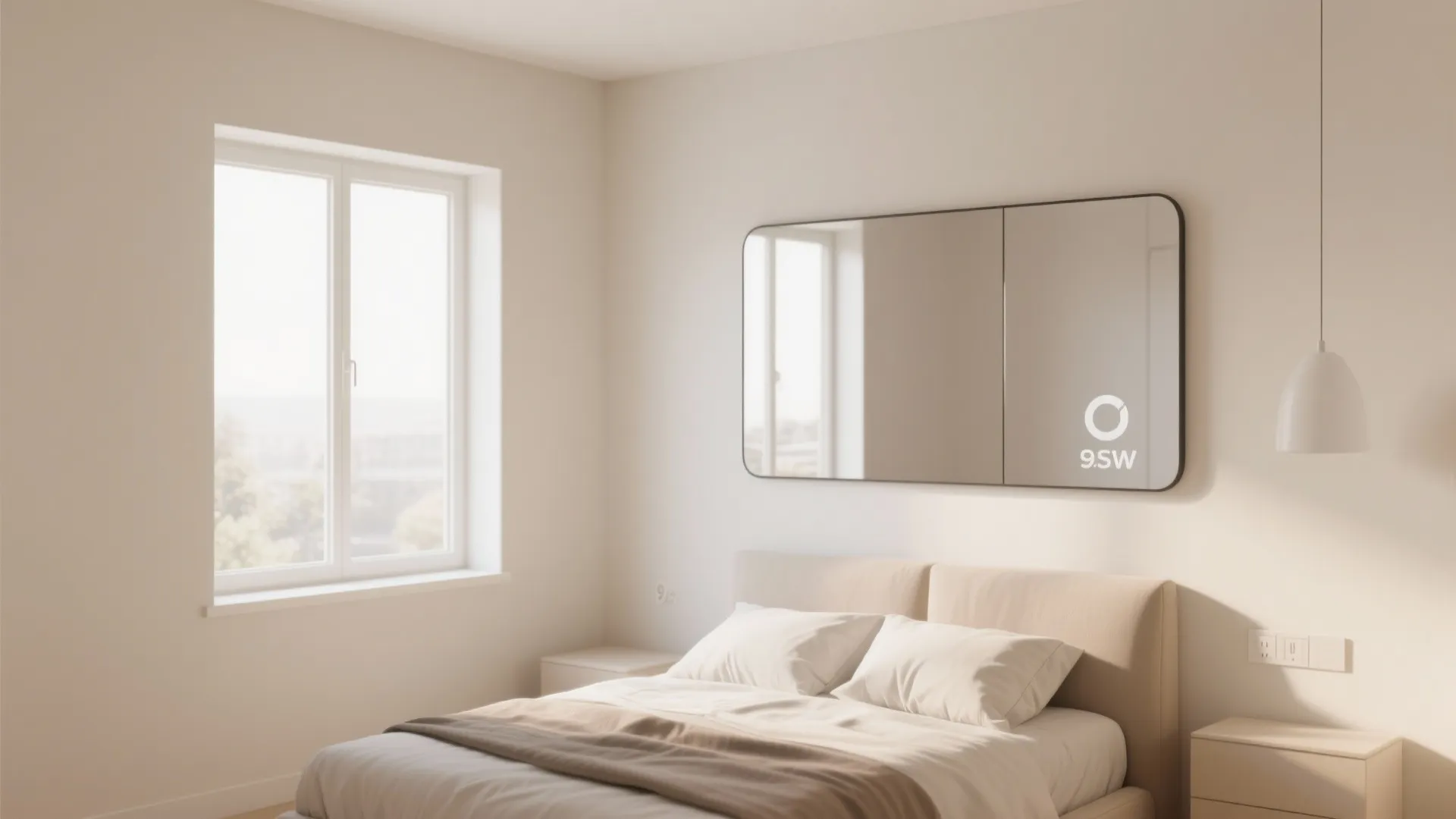 Bright bedroom featuring a large wall mirror next to windows with bed and light fixture