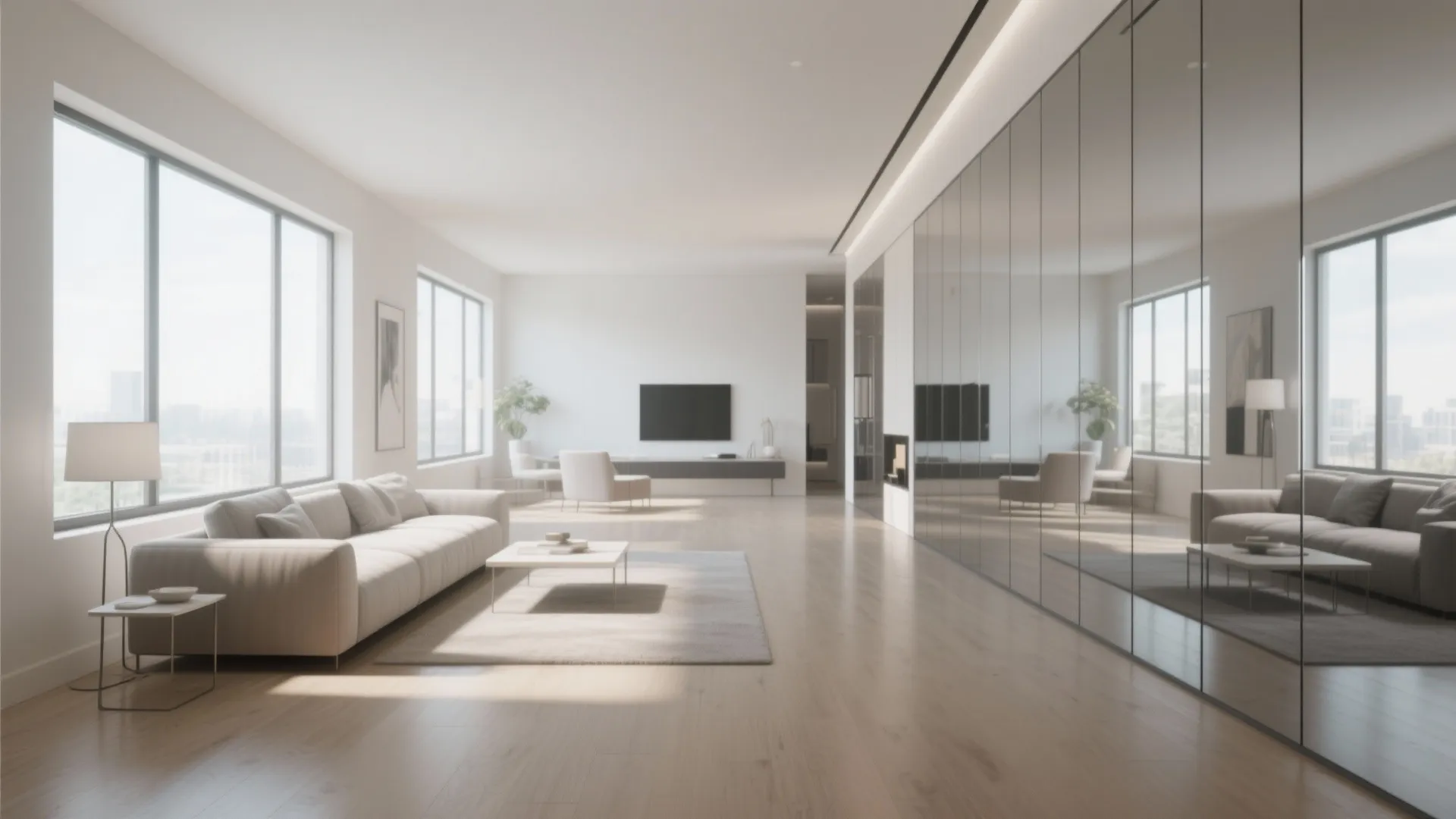 Spacious minimal living room featuring a large mirror wall reflecting grey sofa and bright windows