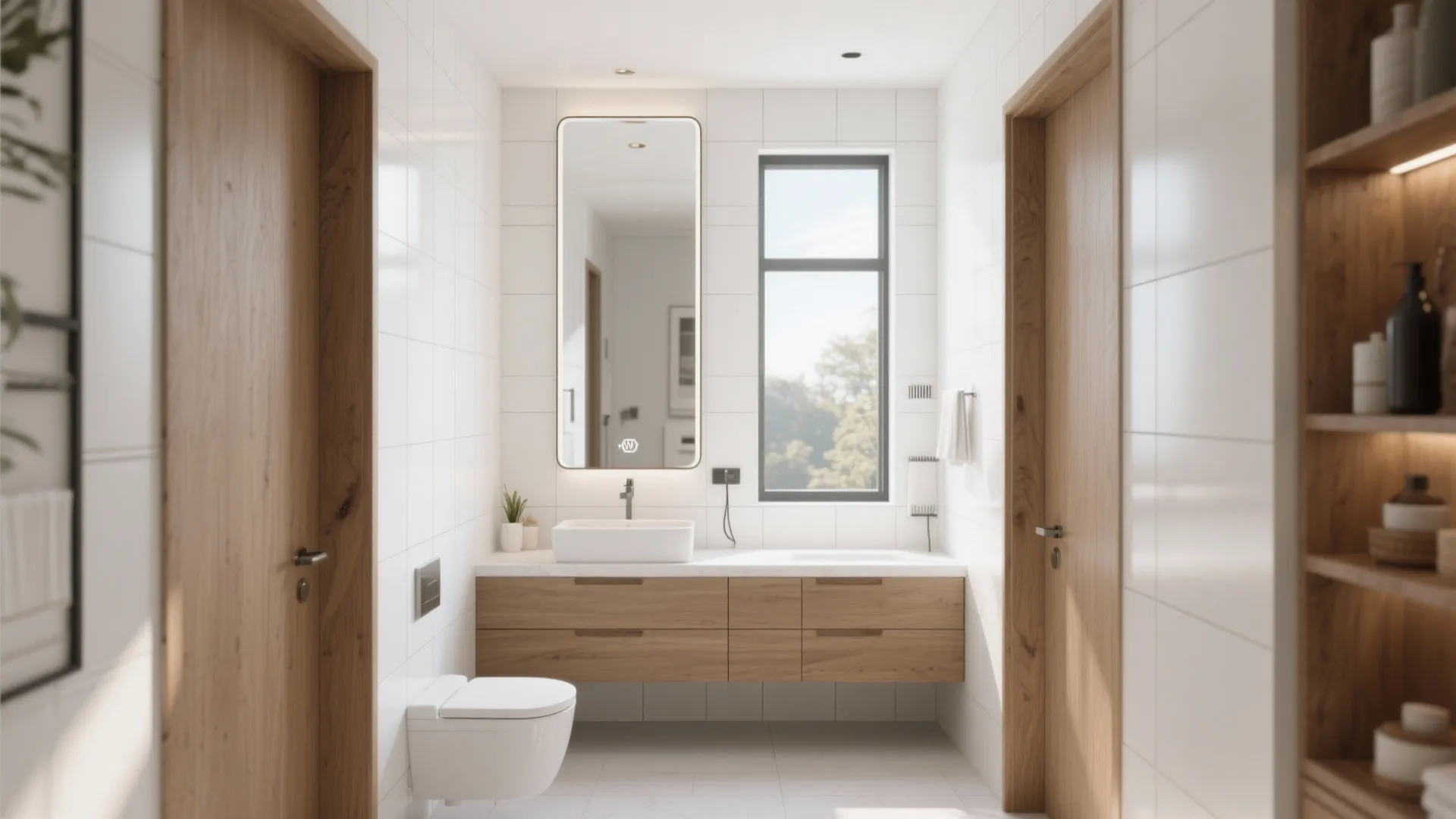 Modern bright bathroom with wooden cabinet white walls long mirror tall window and floating white toilet