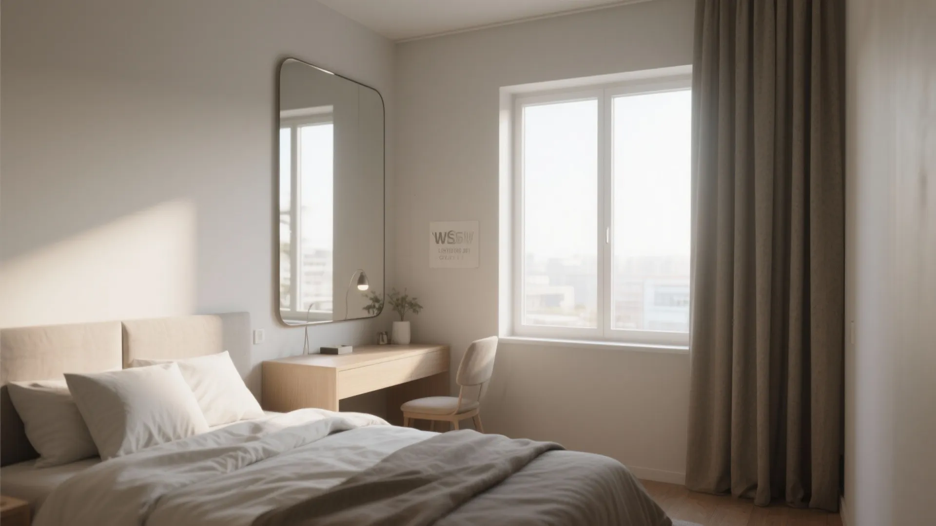 Minimalist bedroom featuring a large wall mirror wooden desk white bed window and long brown curtain