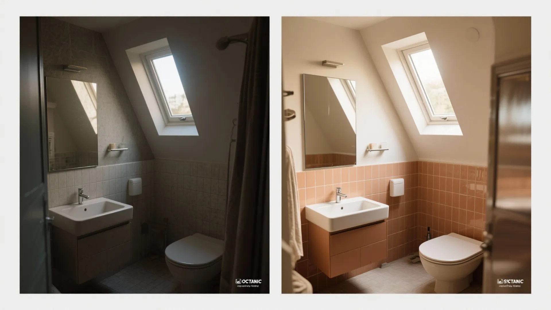 Before-and-after of a tiny ensuite: dark without skylight vs bright with clerestory and mirrored backsplash.