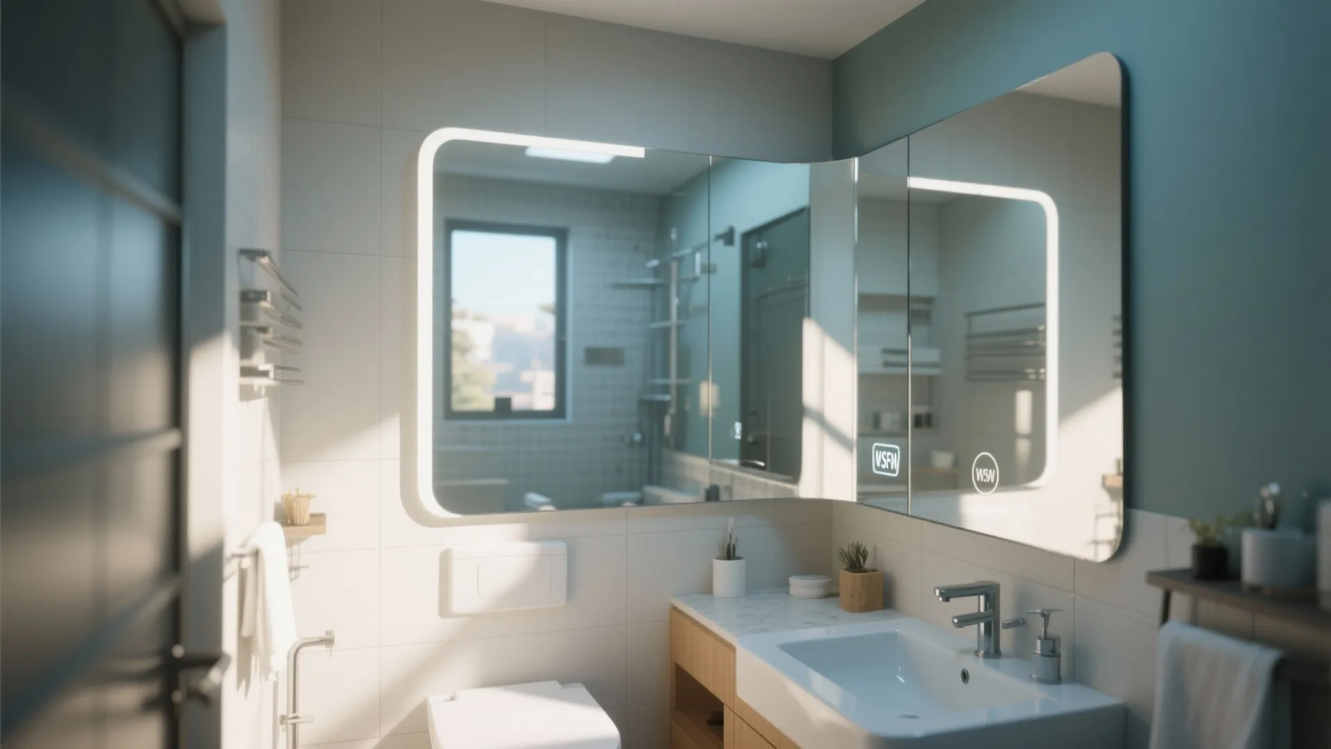 Modern bathroom featuring large illuminated mirrors above a white sink and light wood storage cabinet