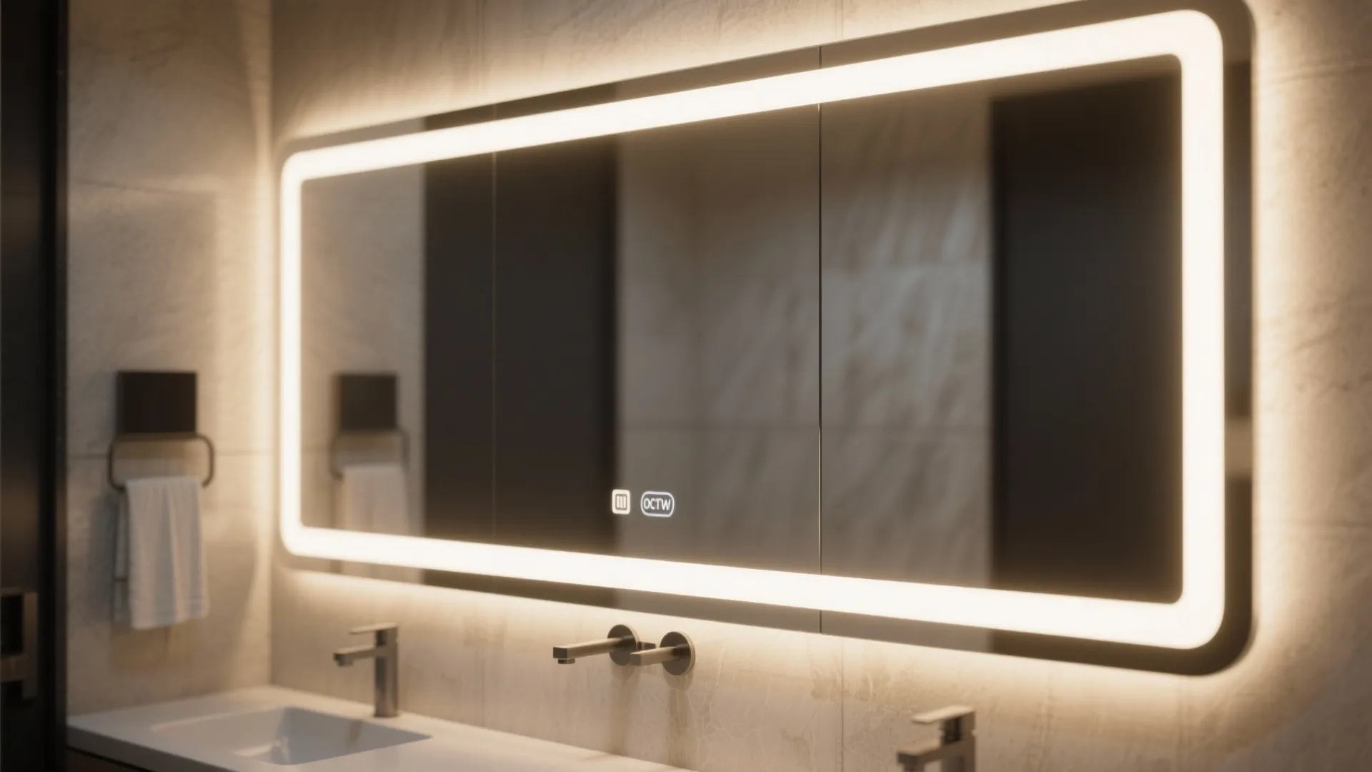 Large backlit mirror making a small bathroom appear bigger