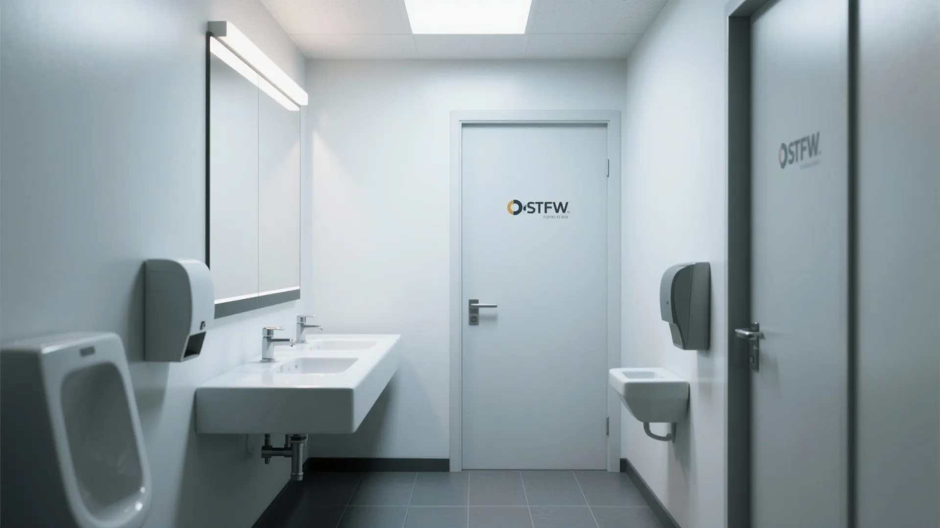 Modern public washroom with white sinks large mirror grey floor tiles and clean white door