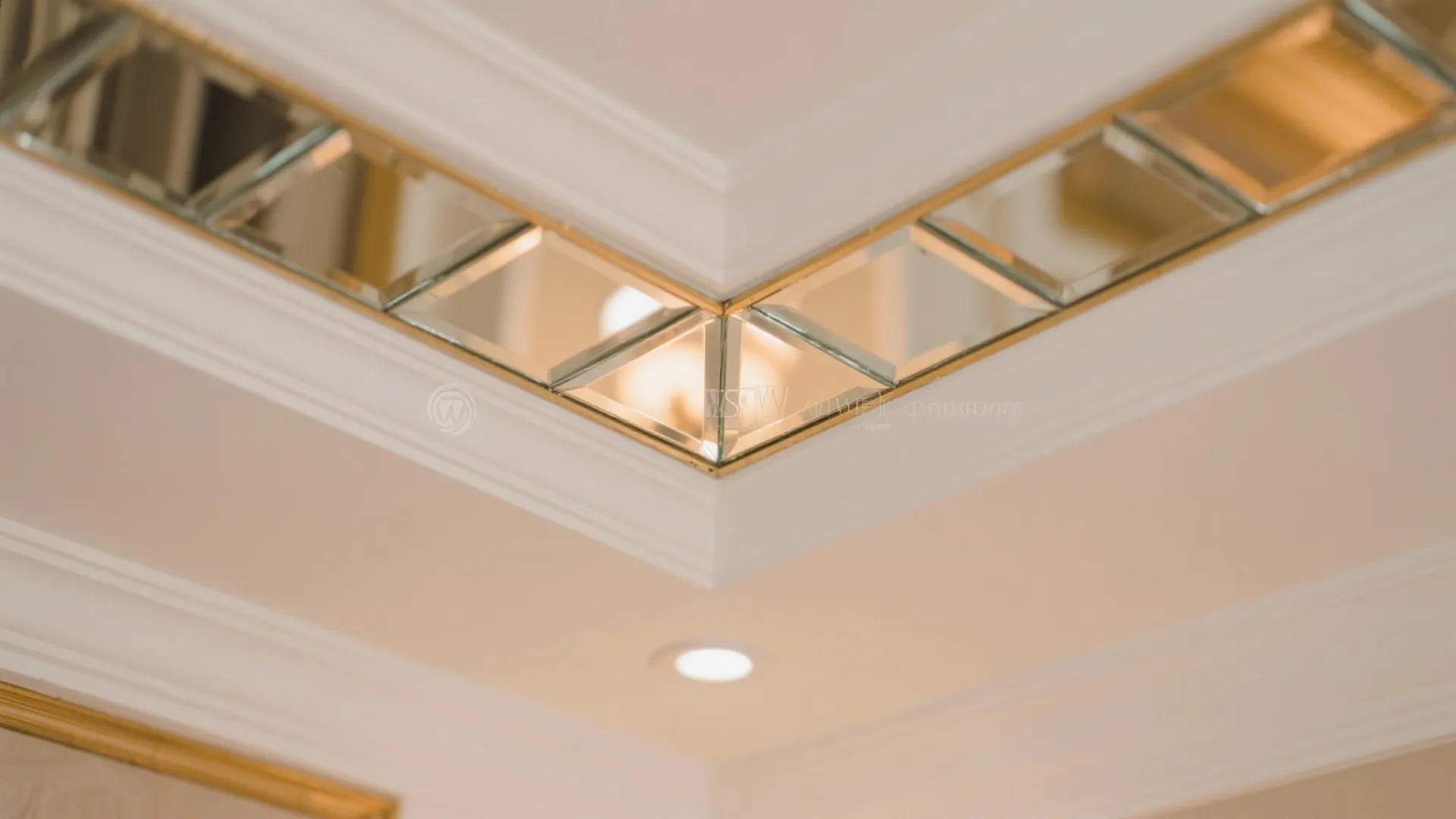 Close up of a white ceiling corner with decorative mirror glass panels and recessed light