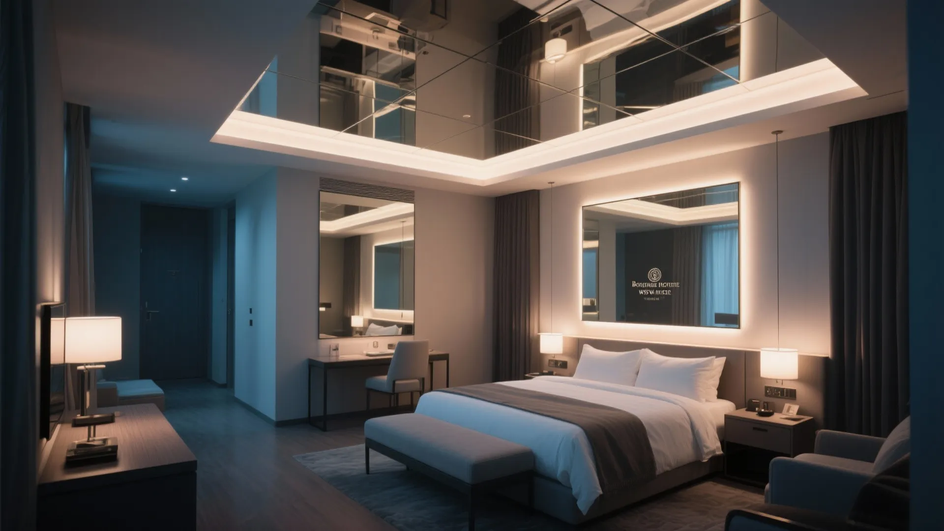 Boutique hotel room with mirror insert false ceiling reflecting light