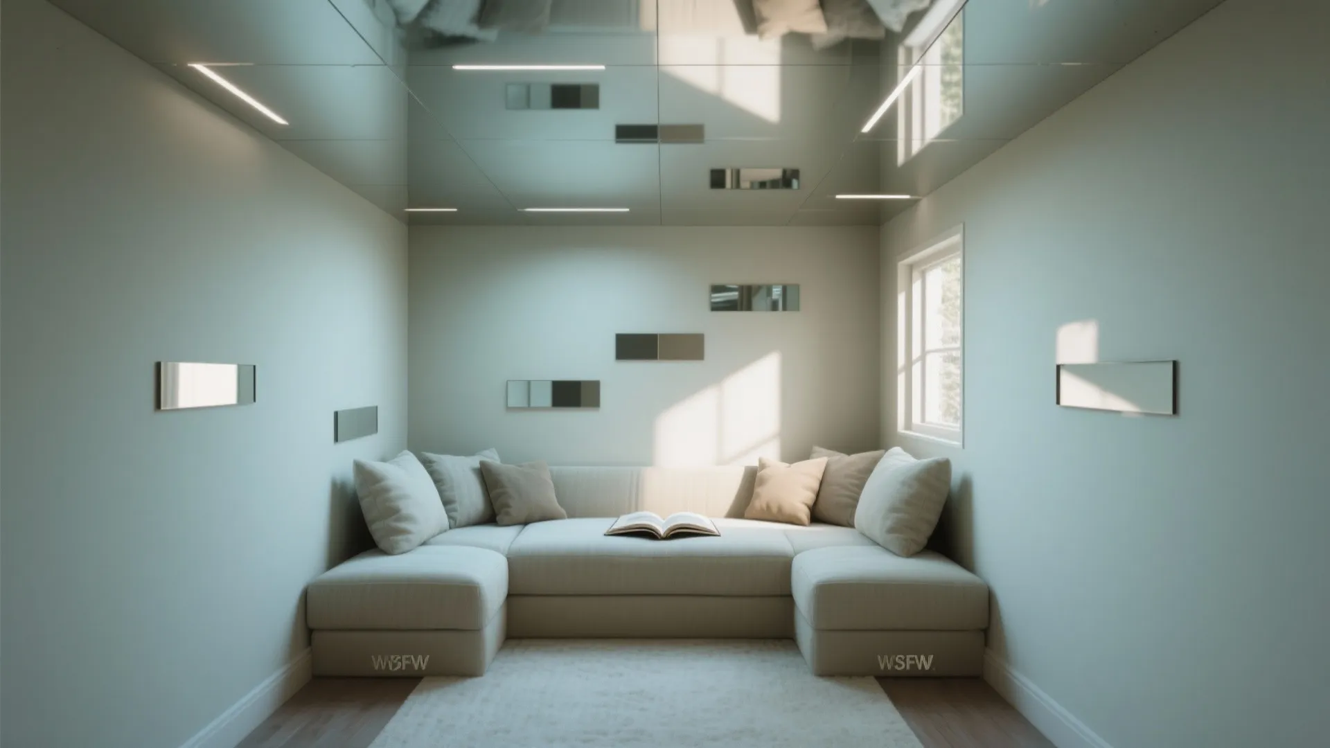 Small cozy room with mirror ceiling light grey sofa white walls and a small side window
