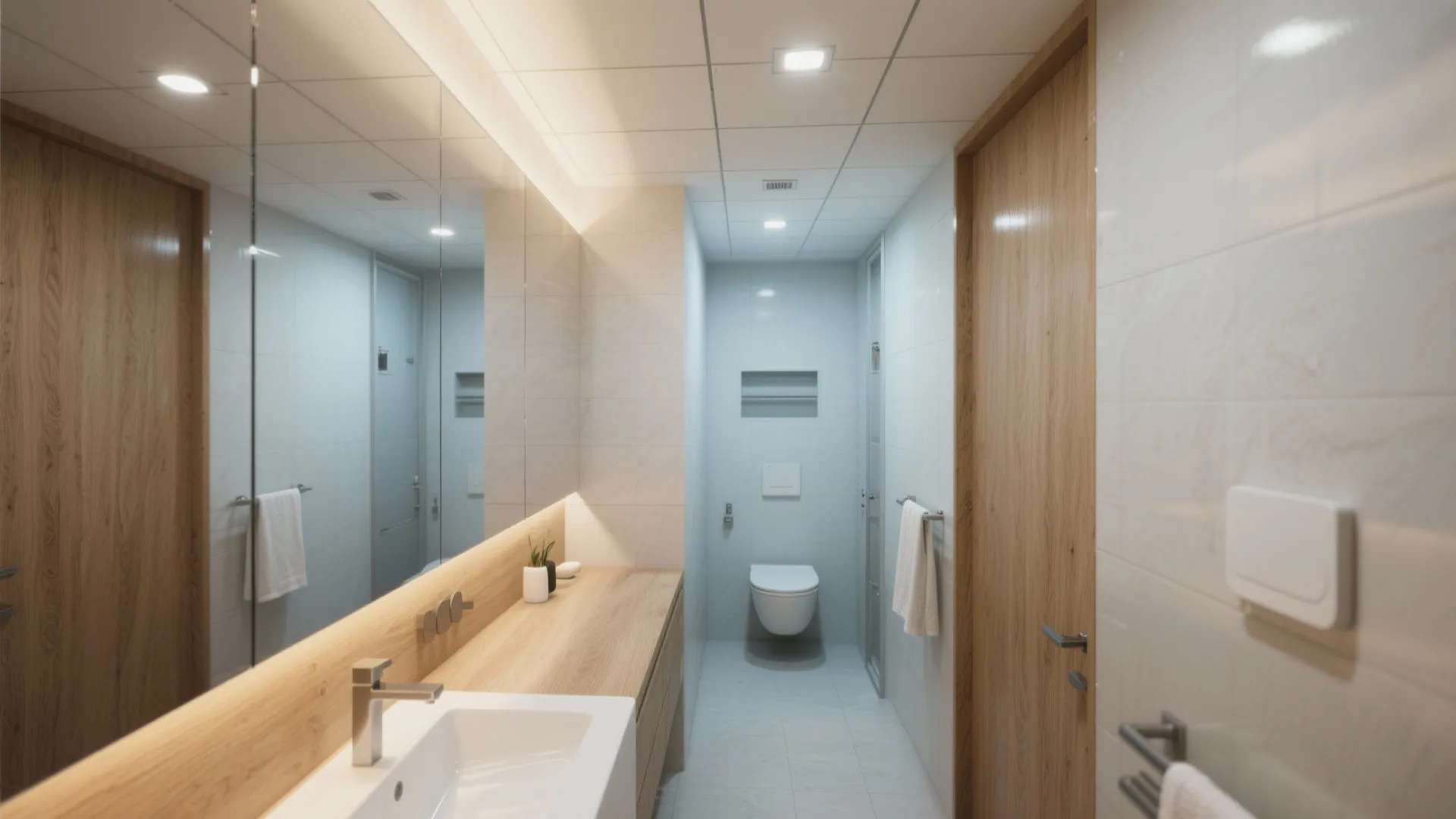 Small modern bathroom featuring wooden cabinets, long mirror, white sink, wall toilet, and bright lights
