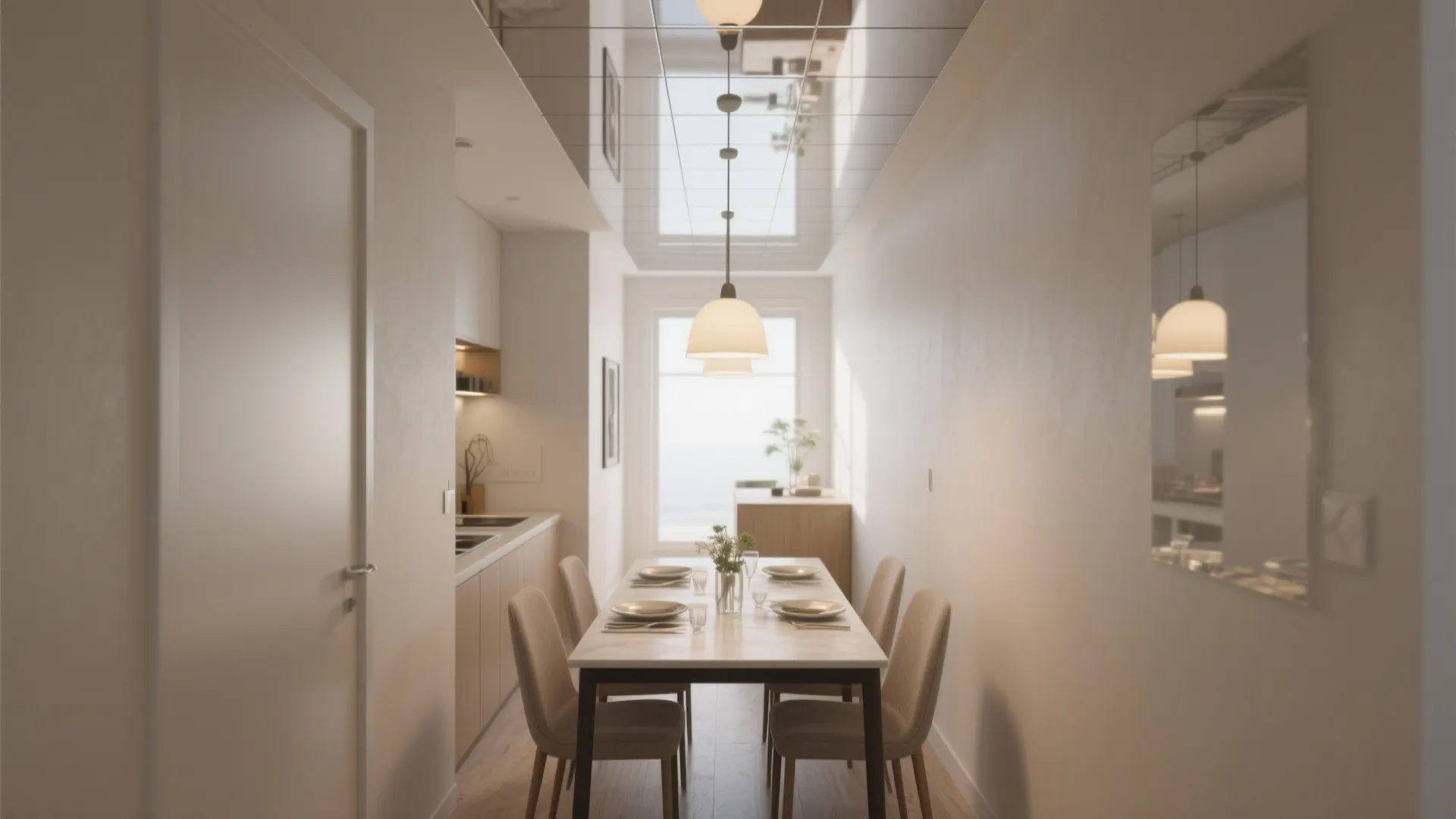 Narrow dining room with reflective mirrored false ceiling