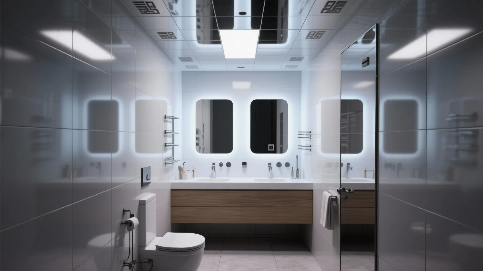 Clean bathroom design with double sink wood cabinet backlit mirrors toilet and reflective ceiling tiles