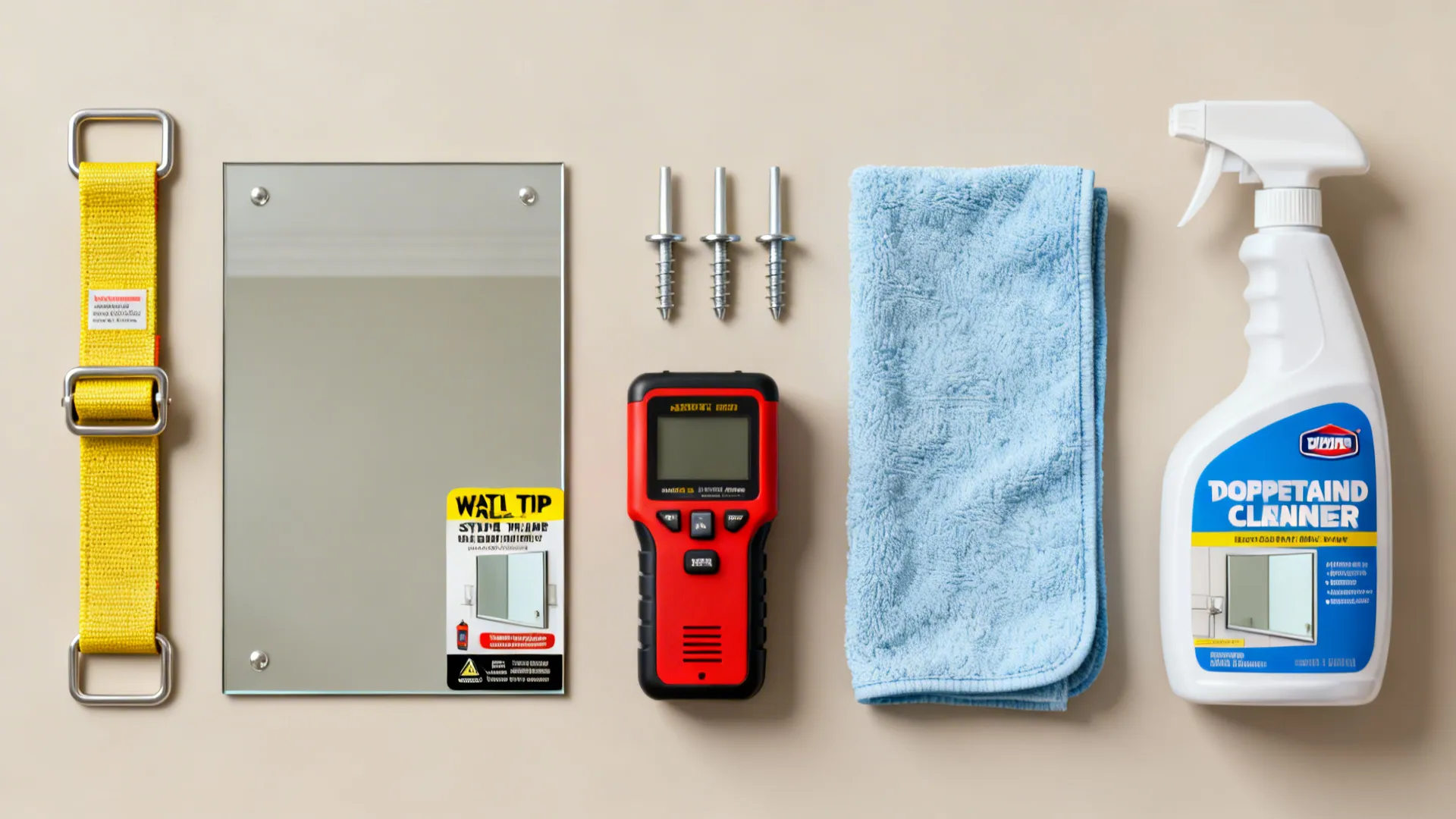 Flatlay of mirror installation tools and safety gear including anti-tip strap and wall anchors