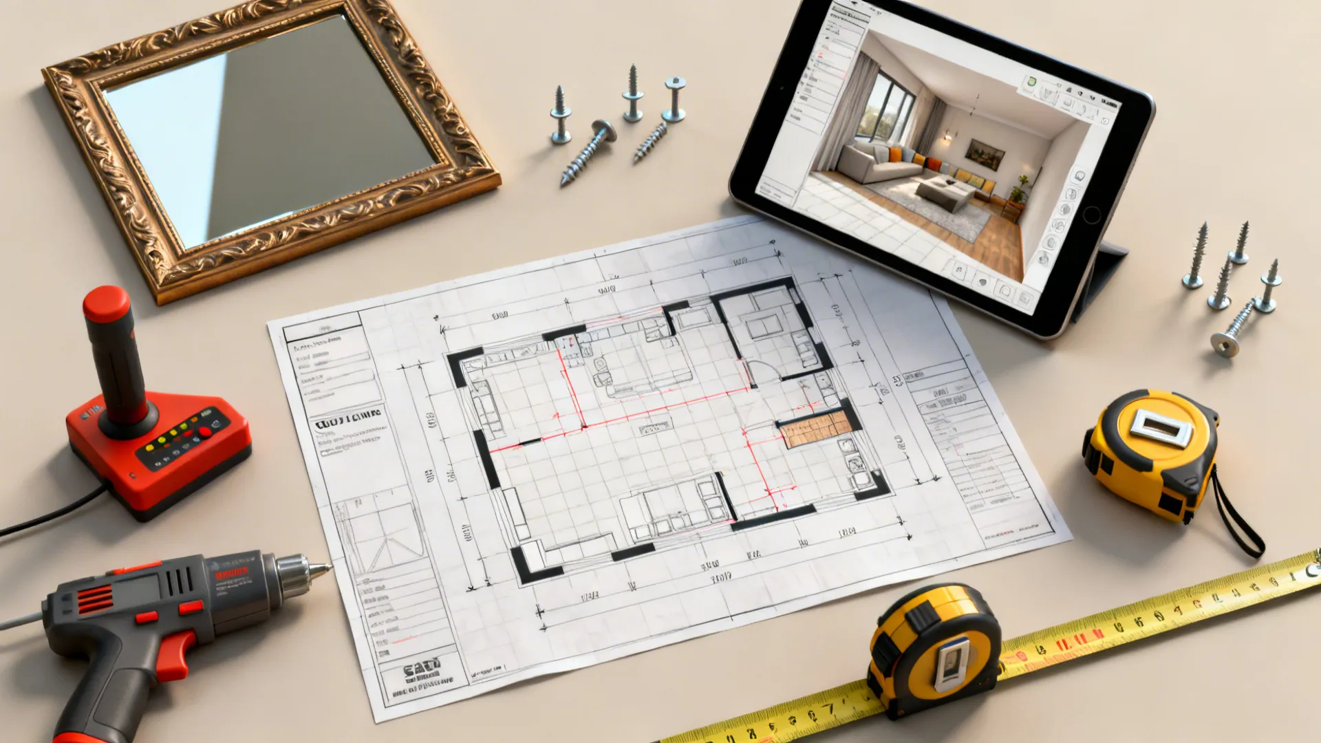 Top-down view of tools and a tablet with a 3D floor planner for mirror placement