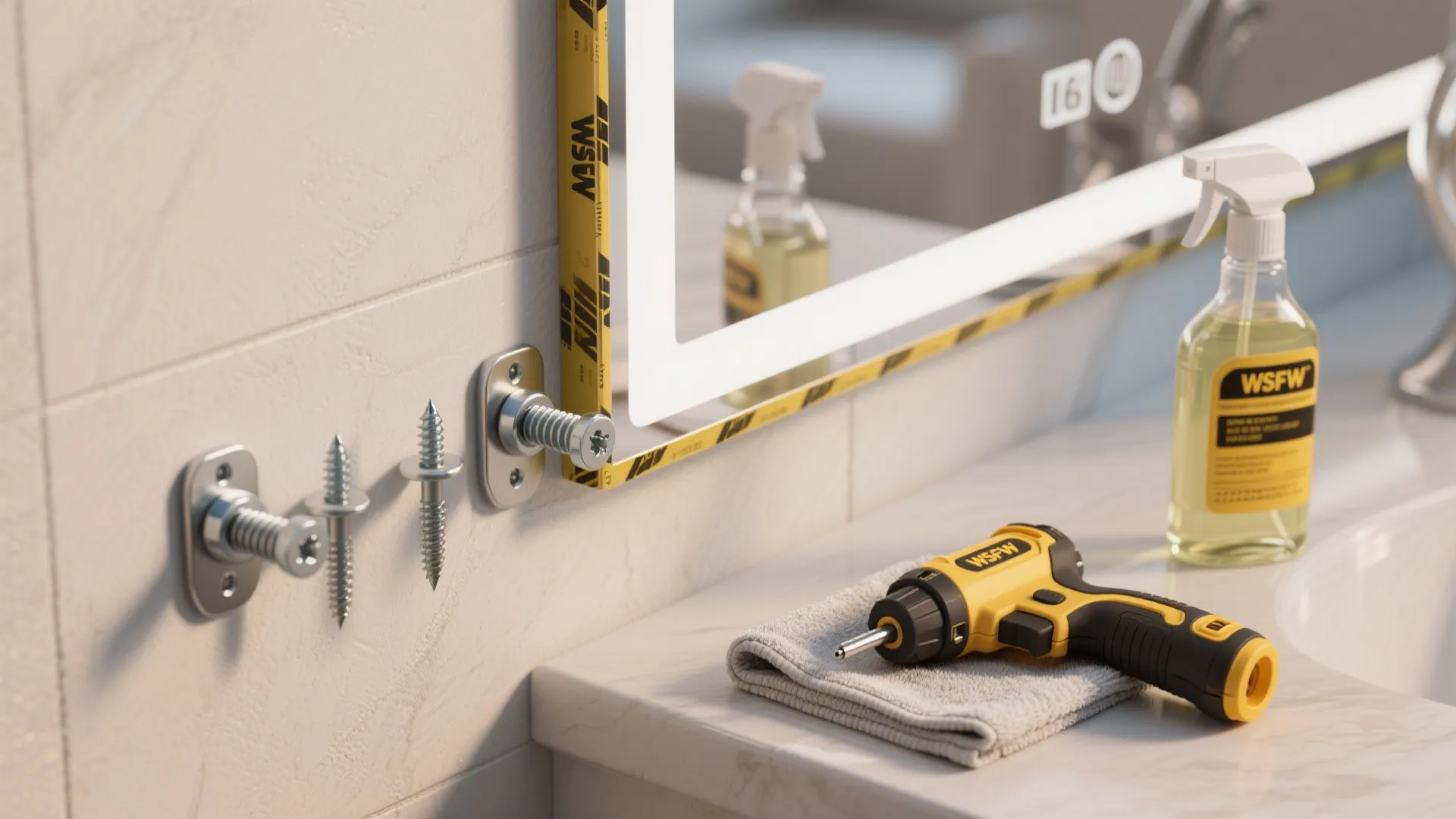 Close-up of mirror mounting hardware, stud finder and cleaning supplies for safe mirror installation.