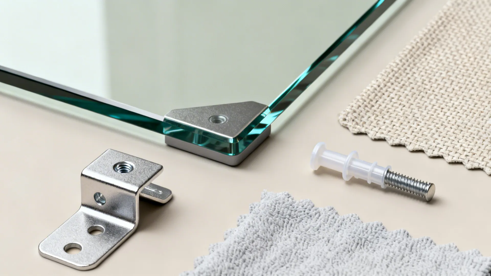 Close-up of tempered glass edge, anti-tip bracket and wall anchor kit for safe mirror installation.