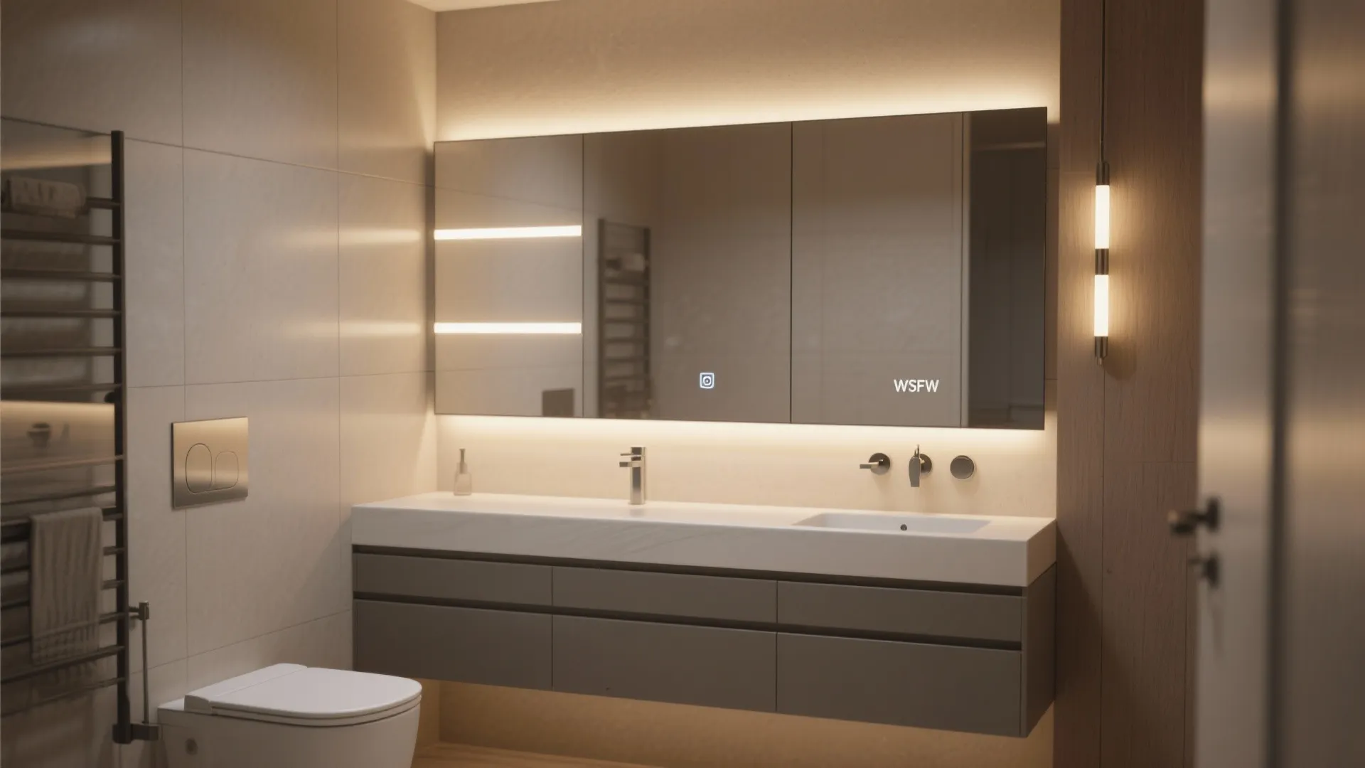 Modern bathroom with floating grey cabinet white sink large lighted mirror and wall mounted toilet