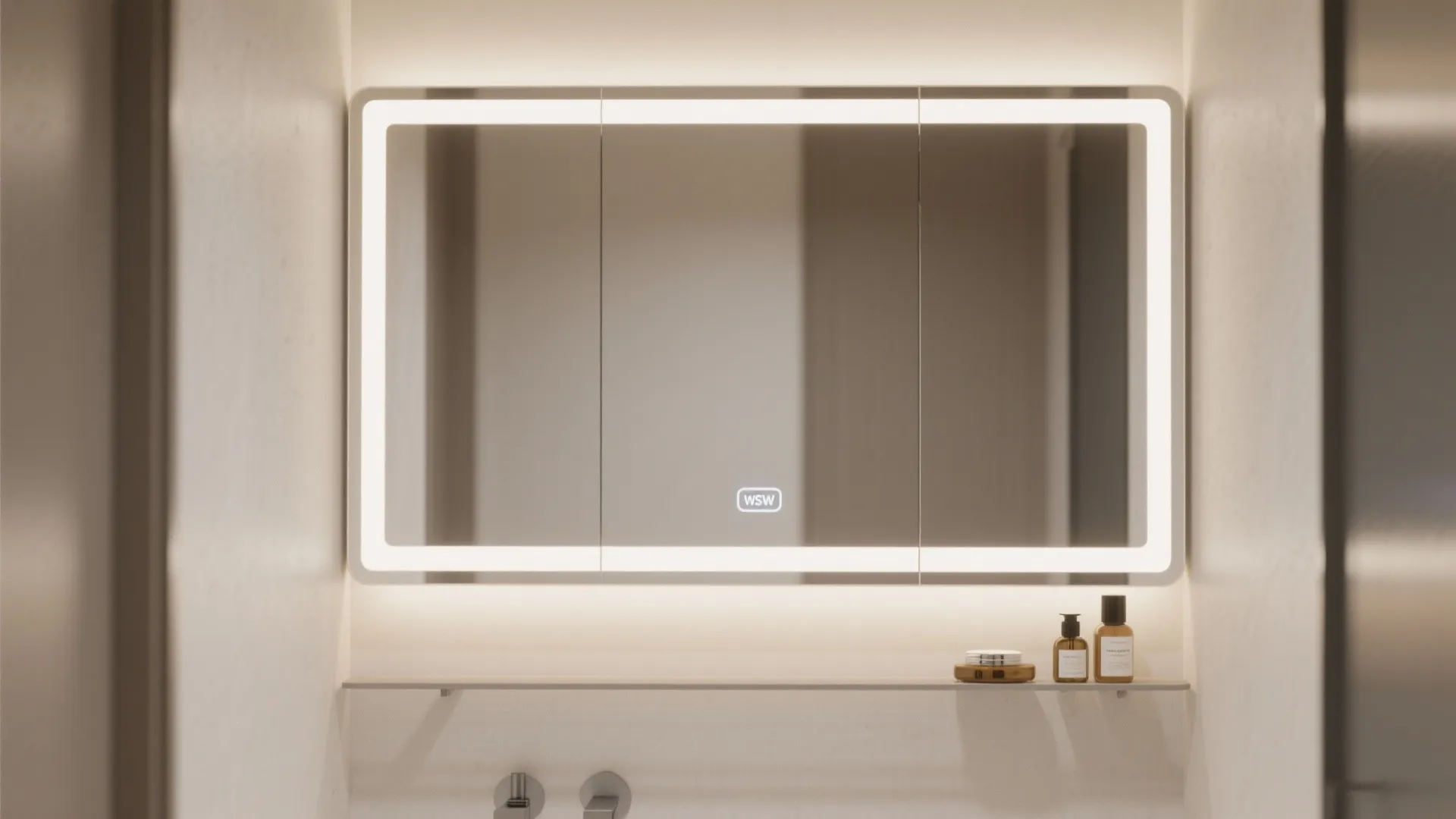 Modern bathroom with a large lighted wall mirror and a slim shelf holding small bottles